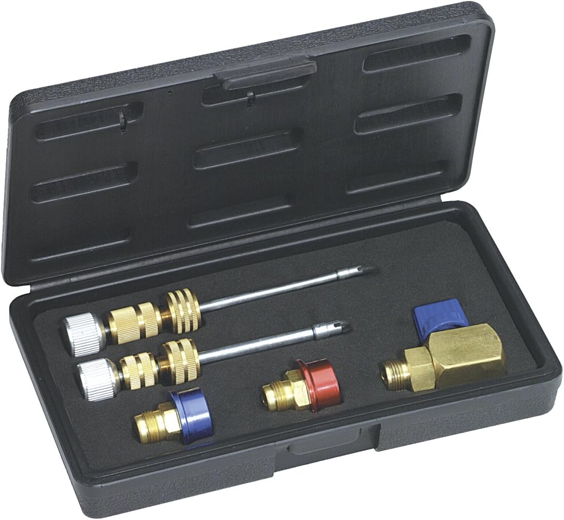 Mastercool 58531 Valve Core Remover/Installer Kit – For R134a Standard & JRA Valve Cores – Service Under Pressure Without Releasing Refrigerant – Includes Adapters & Carrying Case
