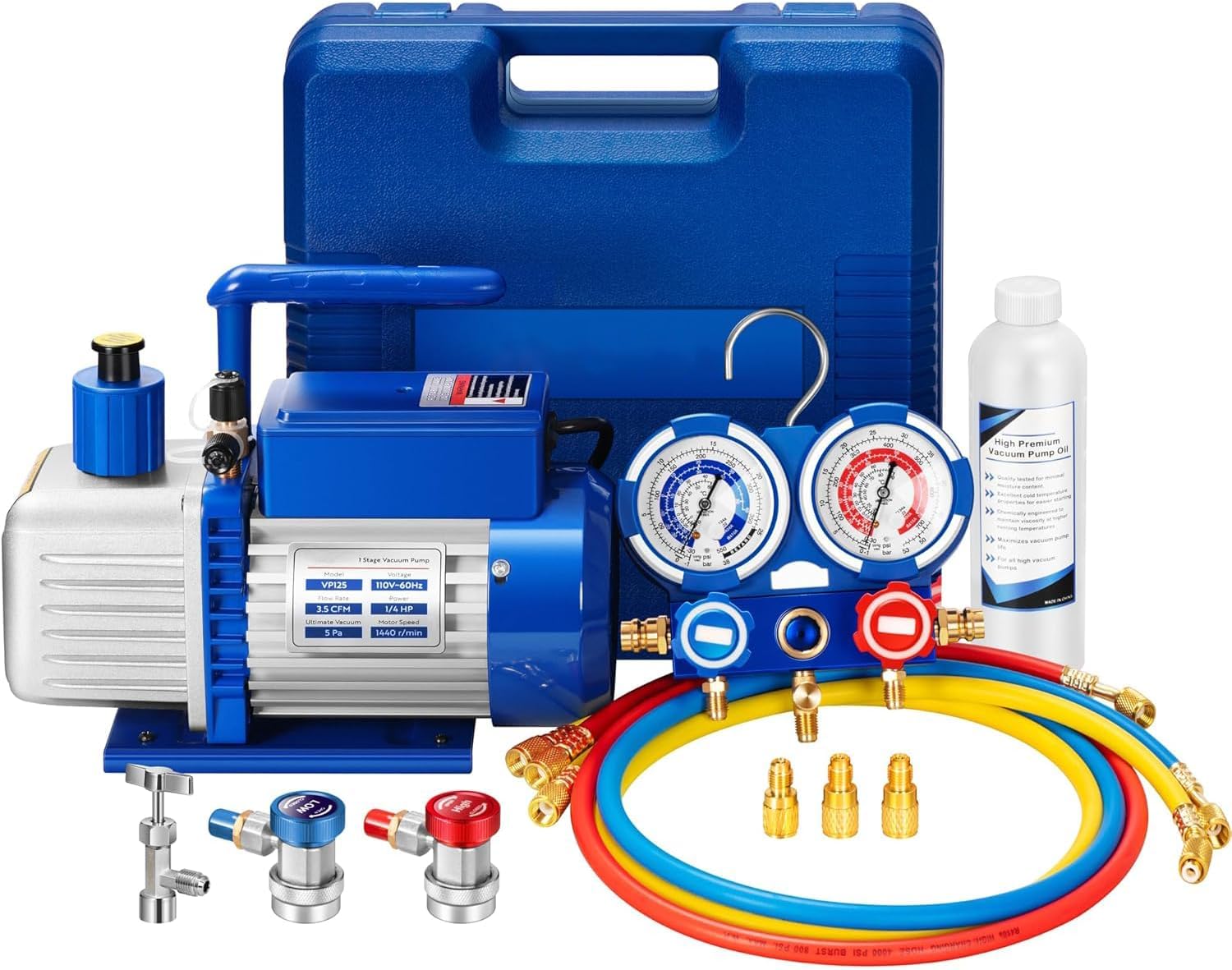 AC Vacuum Pump and Gauge Set, 1/4 HP 3.5 CFM Vacuum Pump Manifold Gauge Kit with 3 Hoses Adapters & Accessories for R134a R12 R22 R502, A/C Vacuum Pump Kit for Auto HVAC Systems