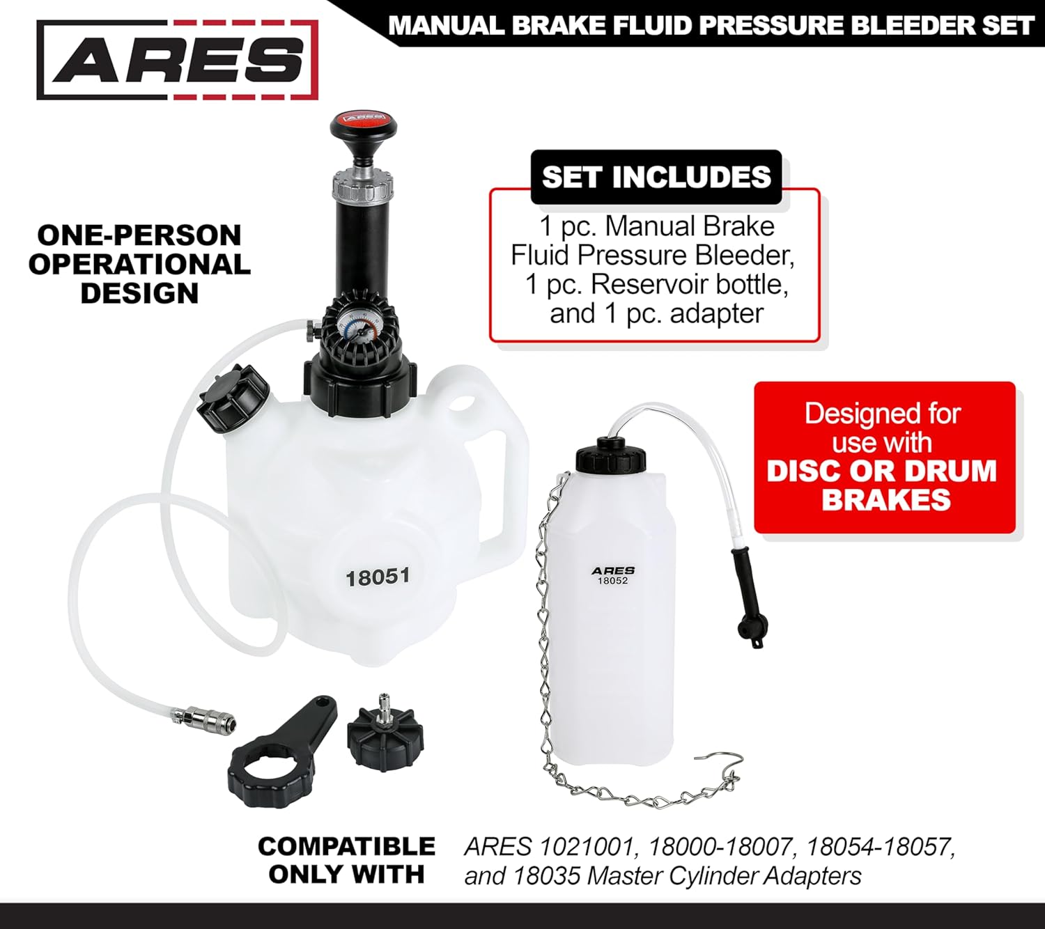 ARES 18053 4-Liter Manual Brake Fluid Pressure Bleeder Set - Makes Brake Fluid Changes Quick and Easy - Easy One Person Manual Pump Operation - Use 18000-18007,18054-18057,and 18035 Adapters