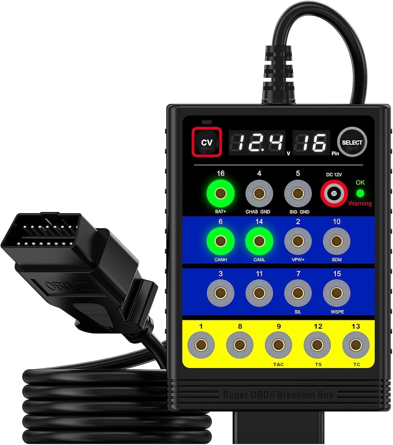 OBD-II Breakout Box, ELMCONFIG CAN Protocol Detector, Voltage Constant Tool with Short Circuit Protection, BX100 Super Automotive Circuit Tester with 12 Extension Cables for ECU Bench Testing