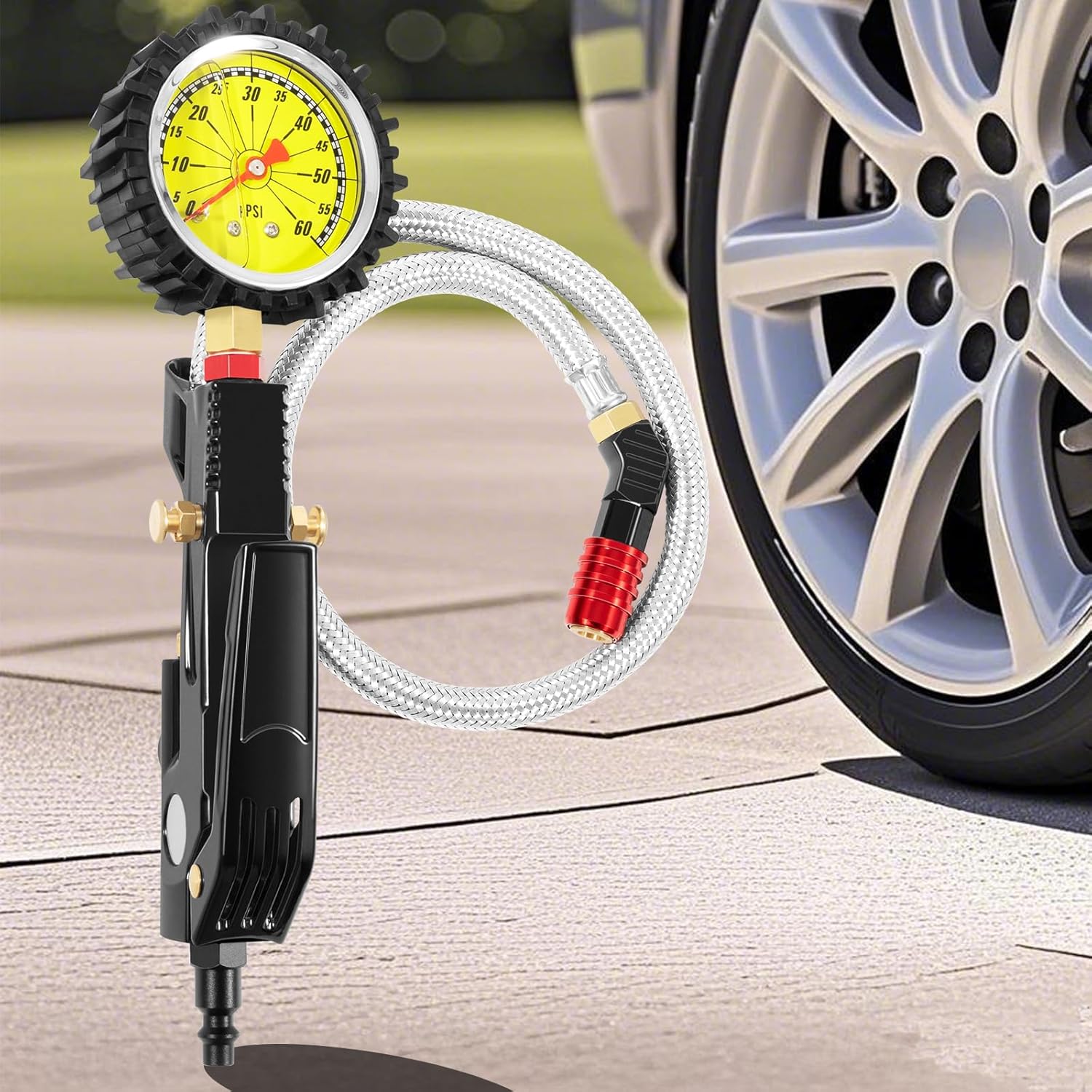 Ventoso Tire Inflator with 60 PSI Gauge, 2 ft Hose, Push-to-Lock Chuck, Commercial Grade