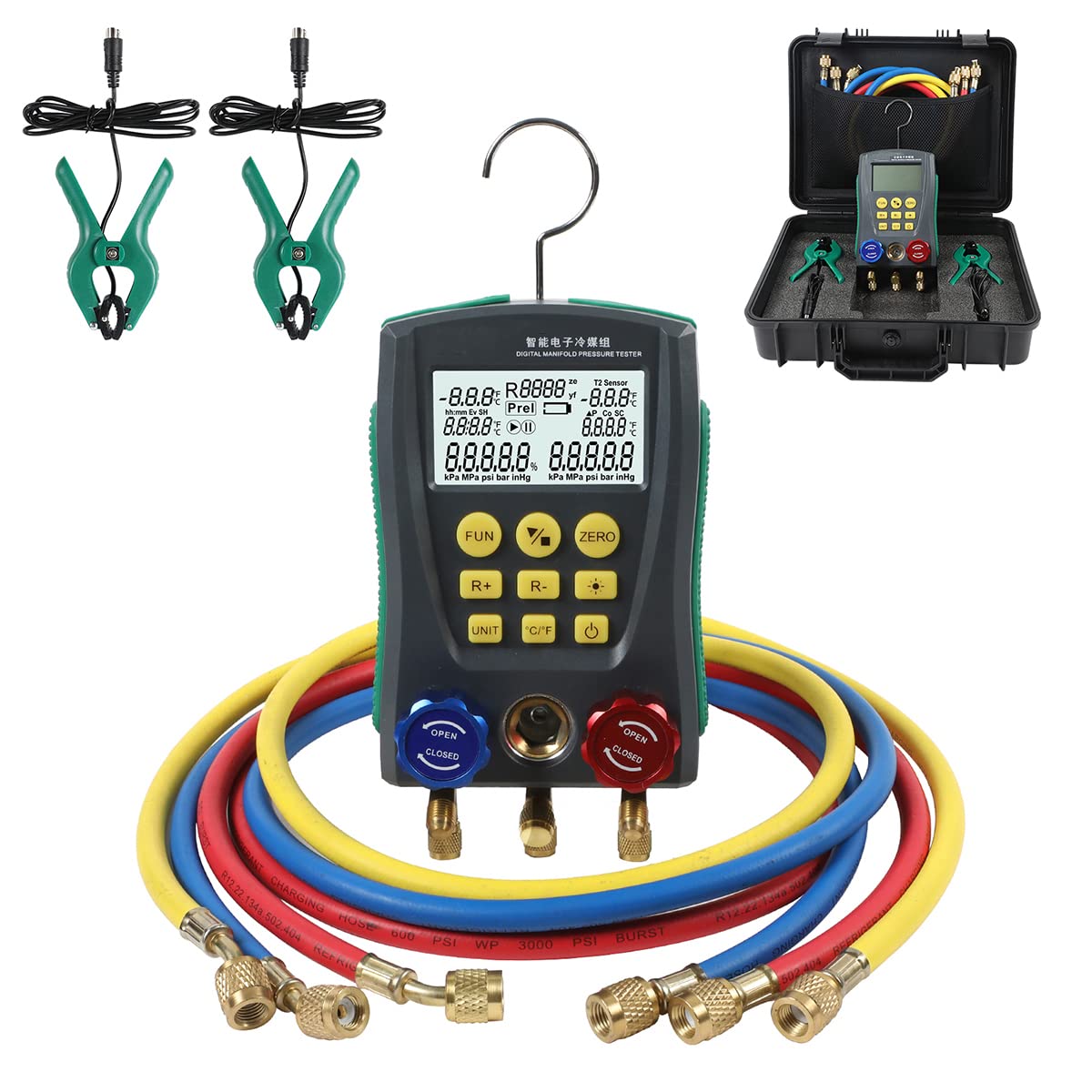 CMTOOL HVAC Gauges Digital Manifold Gauges Set, 92 Refrigerants, Pressure and Temp Test, HVAC Tools with 2 Temperature Clamps and 3 Hoses, for R134A 1234YF R22 R12 R404A R410A
