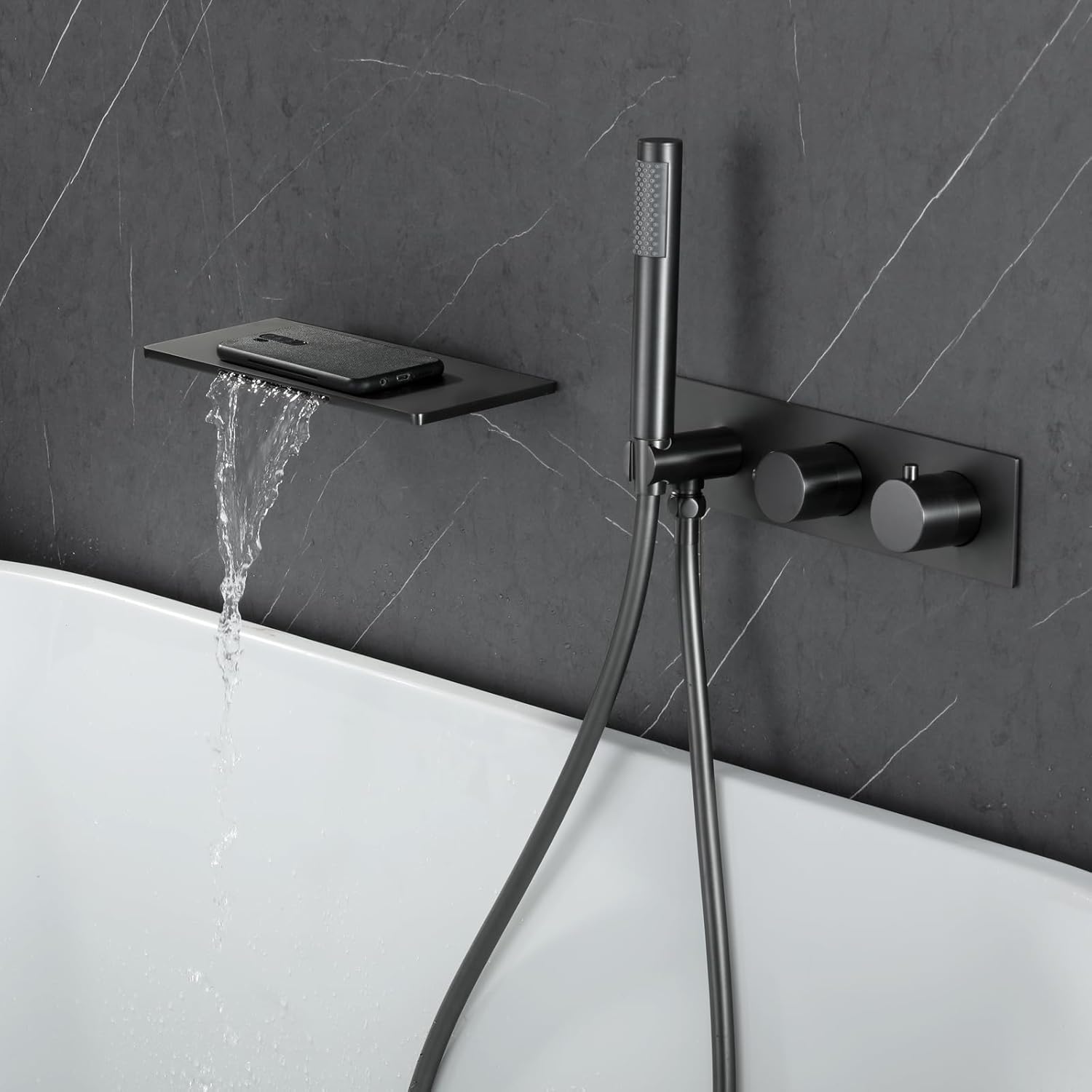 Bathtub Faucet, Waterfall Tub Faucet with Handheld Shower Head Wall Mounted Tub Spout Gray Tub Faucet Set Bathroom Concealed Bathtub Spout Solid Brass Bathtub Faucet Set with Hose