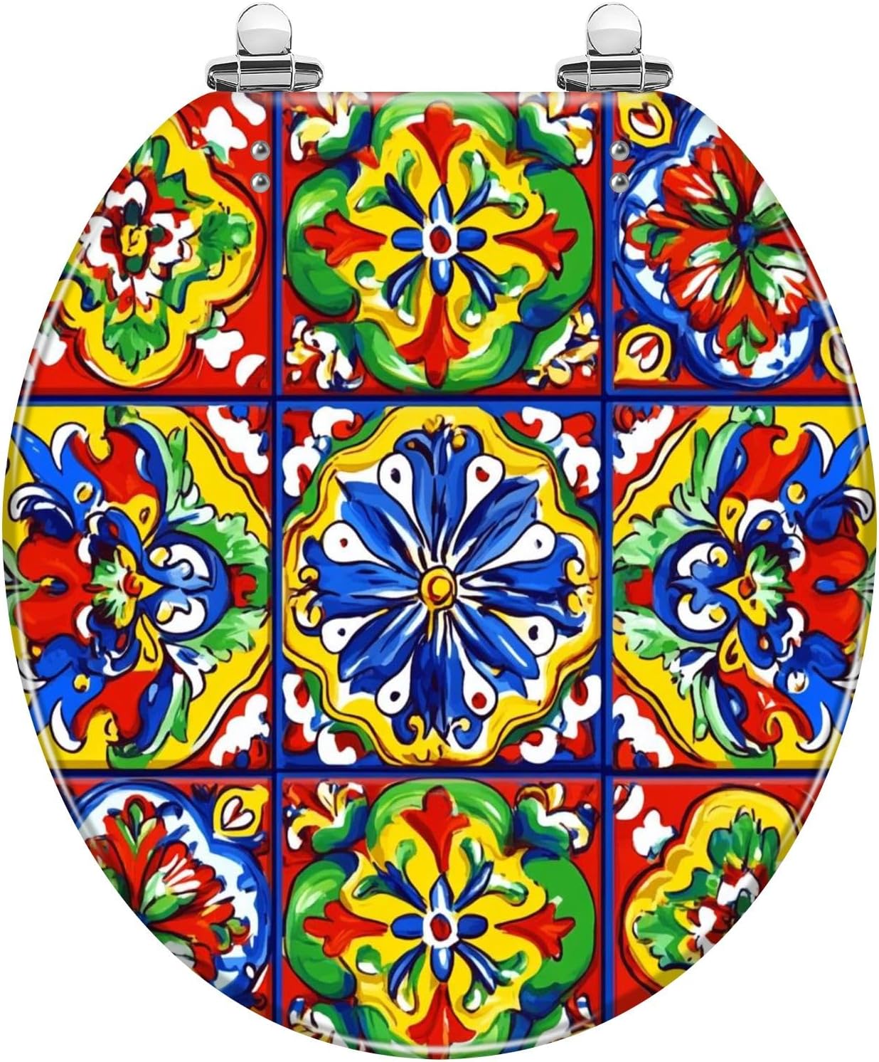 Round Toilet Seat Mexican talavera ceramic tile seamless pattern Ethnic folk ornament Resin Toilet Seat Quietly Close Quick Release Hinges Decorative Toilet Seat with Cover Easy to Install