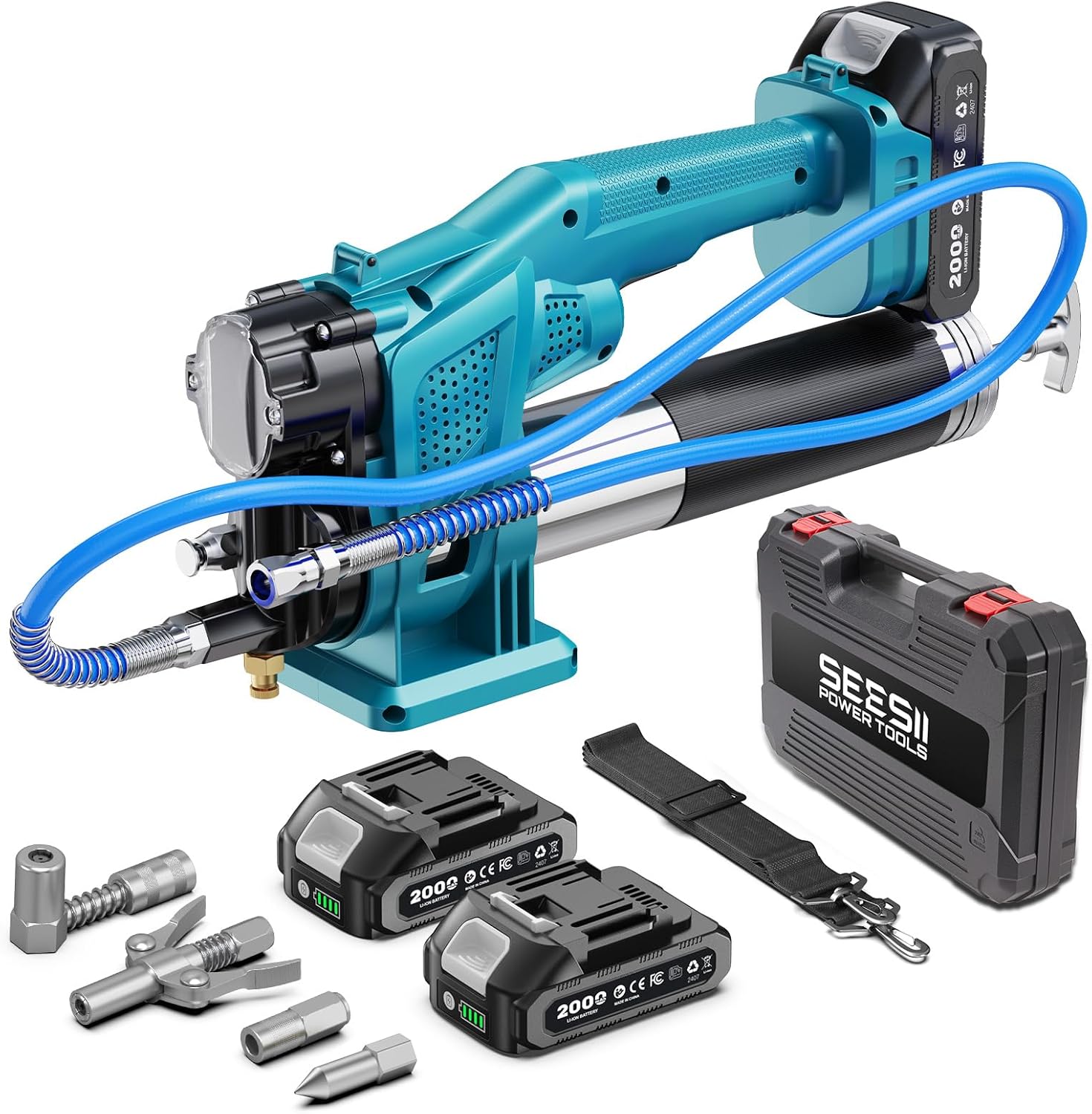 Seesii Electric Grease Gun Kit: High-Performance 10000PSI 4.6 oz/min Battery Powered Grease Gun Cordless with 2 Batteries, 39.4