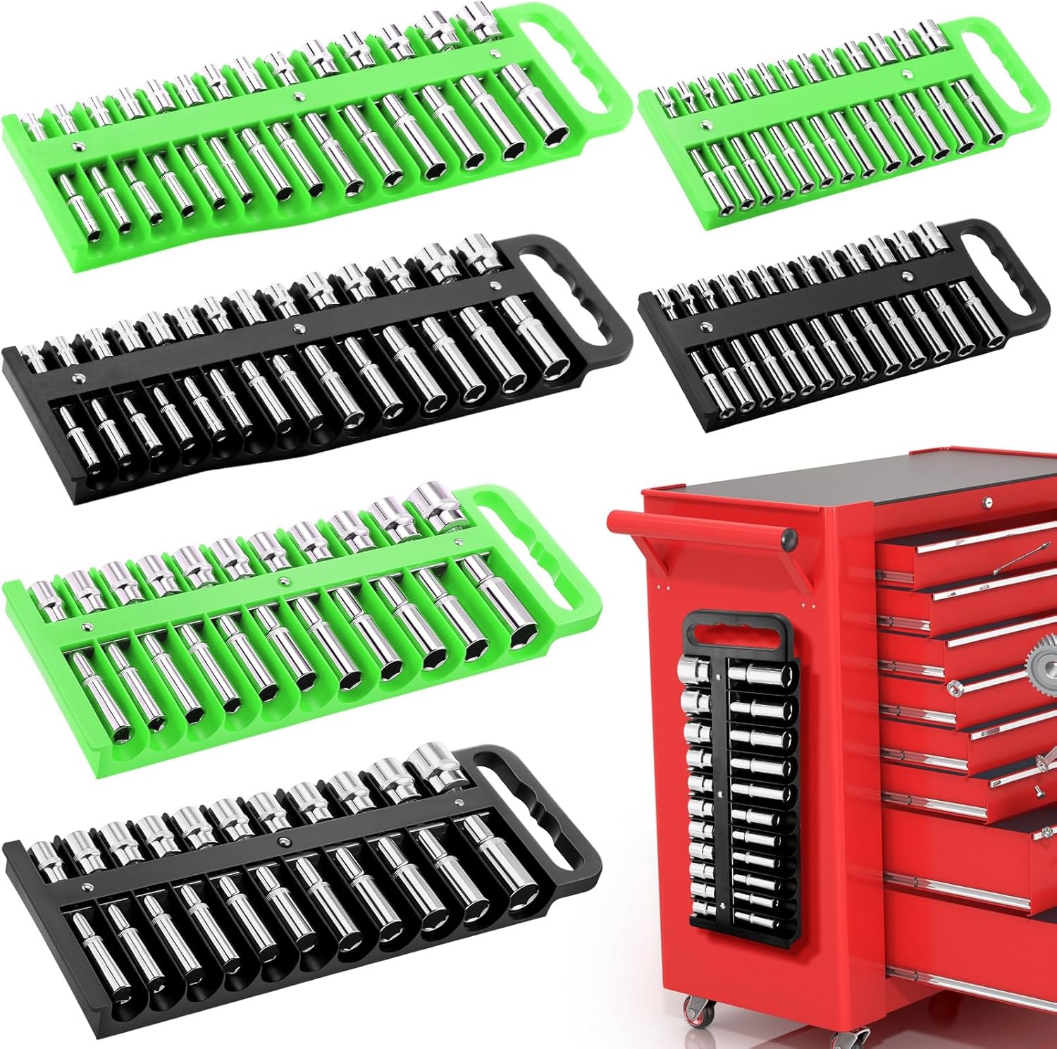 6 Pcs Magnetic Socket Organizer Holder Case Rail Rack for 1/2'', 3/8 '', 1/4'' Drive, Securely Holds 152 Sockets(Red,Blue)