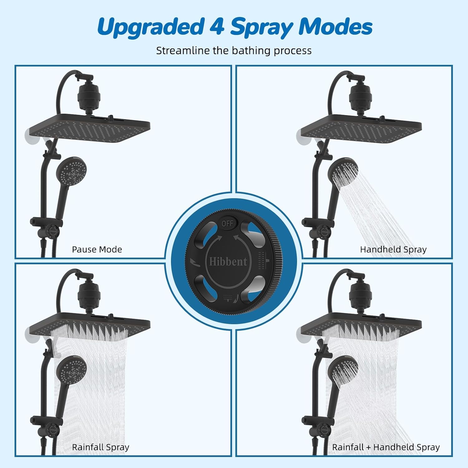 Hibbent Upgraded 13'' Shower Head Combo, High Pressure 5 Spray Rainfall Showerhead, 10 Spray Mode Handheld, All Metal Easy Reach 4-way Diverter Shower Arm with Pause Mode, 71'' Hose and Holder, Black