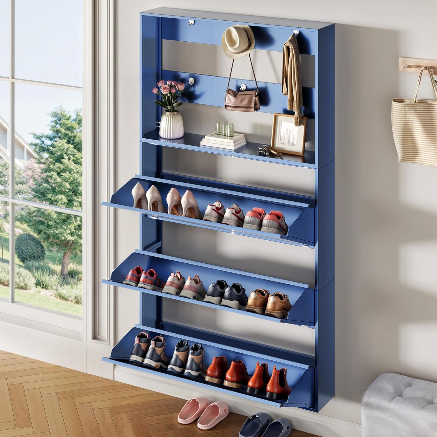 YITAHOME Metal Shoe Cabinet with Coat Rack, Wall Mounted Shoe Cabinet with 3 Flip Drawers, Entrance Hidden Slim Shoe Organizer Cabinet, Shoe Rack Storage Cabinet for Entryways, Hallways, Blue