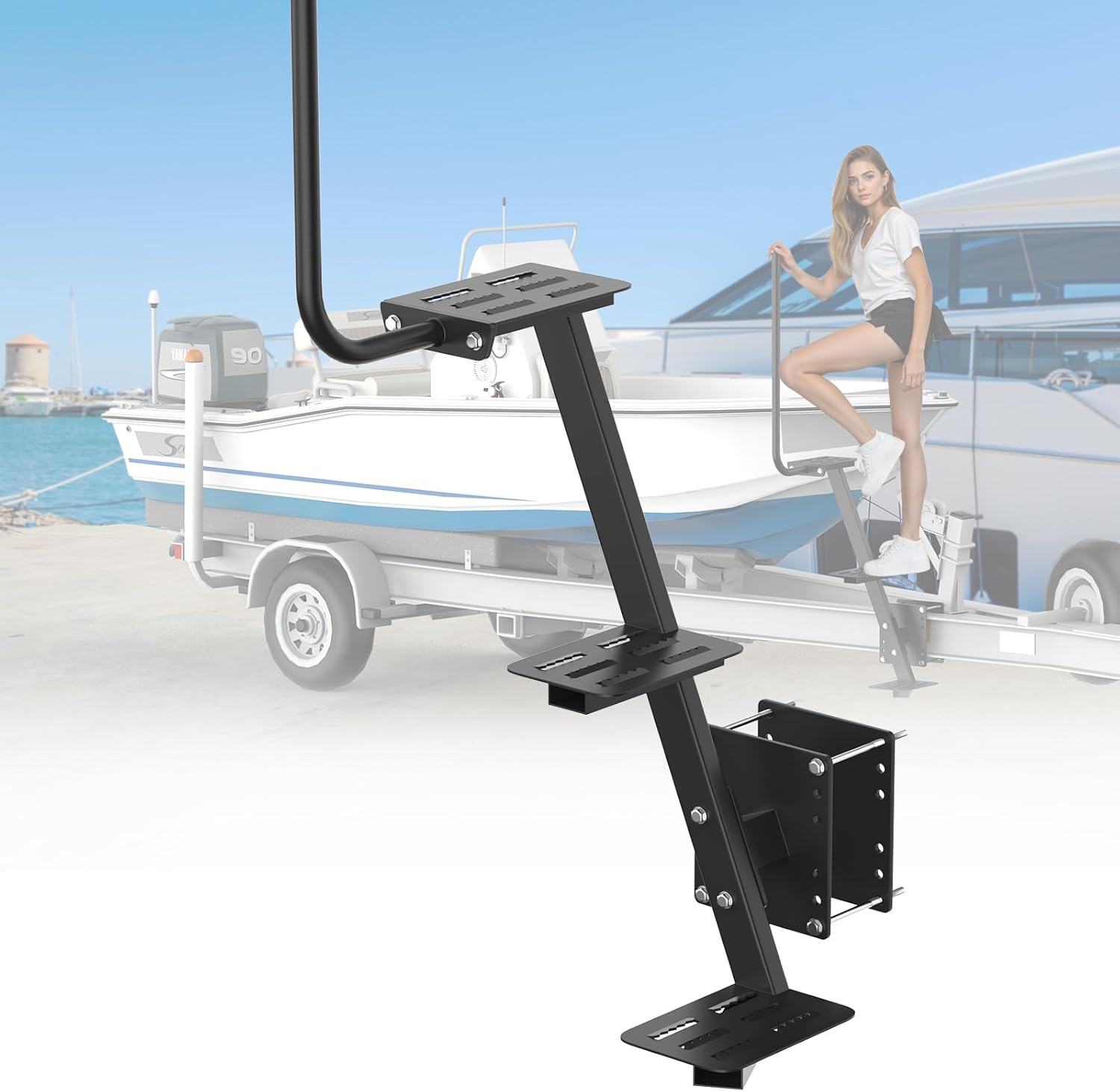 Snowtaros Boat Trailer Steps with Handrail, 3 Step Heavy Duty Boat Ladder for Trailer, Universal Fit Boarding Ladder for Bass, Pontoon Boats