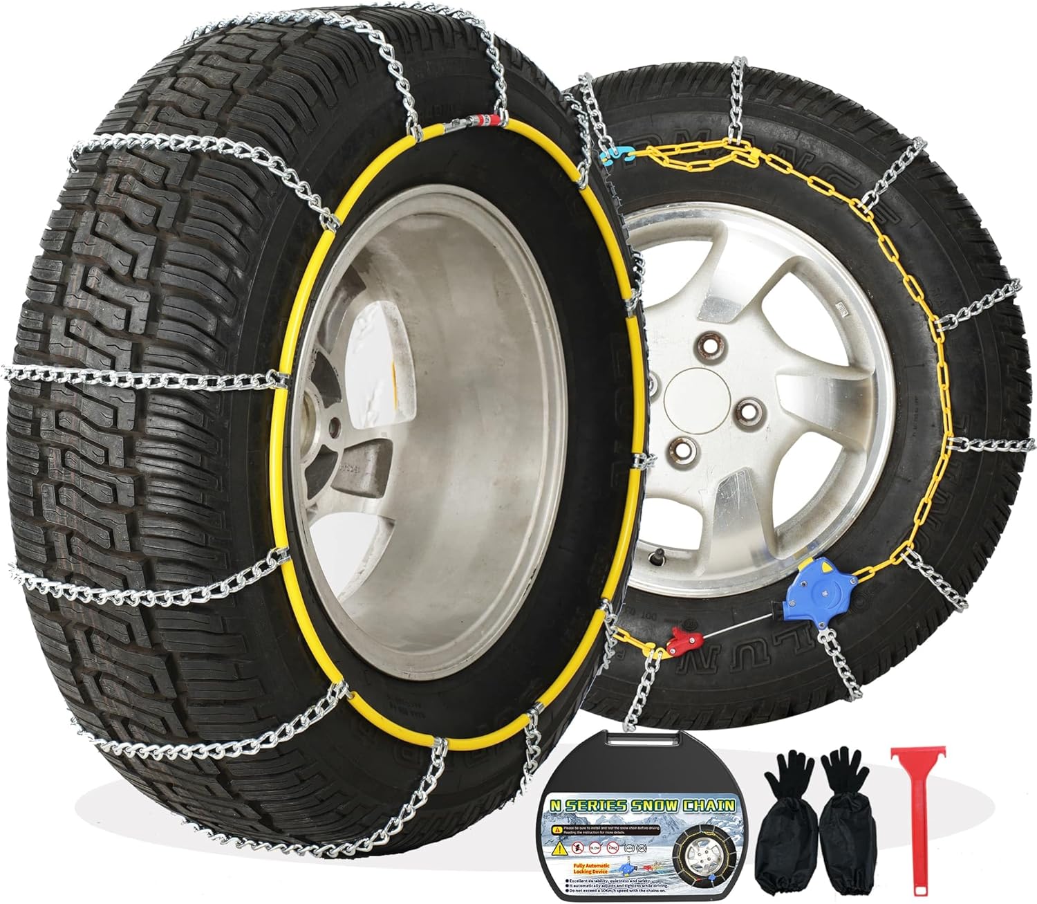 Auto Fixing Snow Chains, 2 x 12 mm, 30s Quick Installation of Tire Chains with Automatic Tensioner, Universal Emergency Tire Traction Chain for Cars, Pickups, and SUVs (HLN 150)