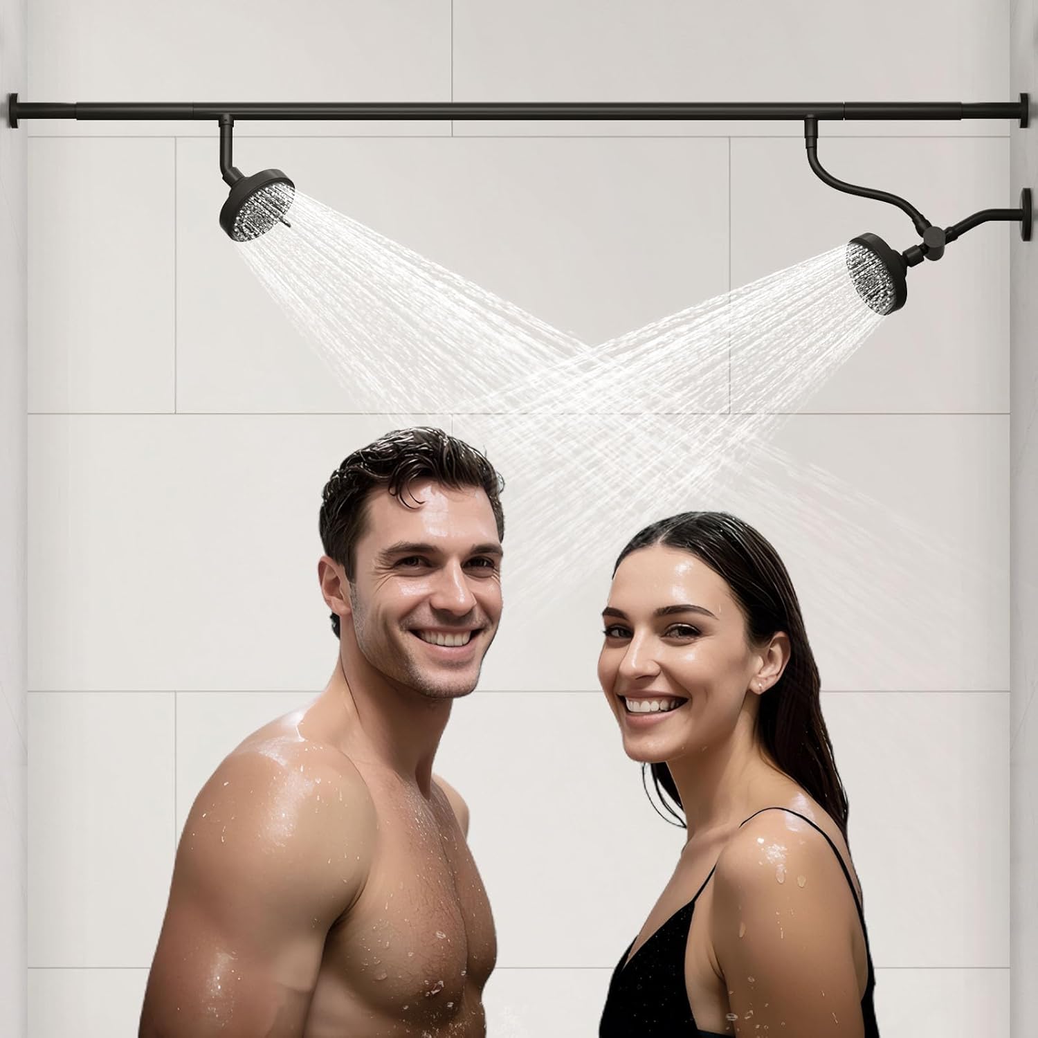 Dual Shower Head for Couples, High Pressure Double Shower Head for Two People Rod, Two Showerhead System with 3 Spray Modes Fit 2 Person Bathroom, Gifts for Women Men (Chrome, Unibody Design)
