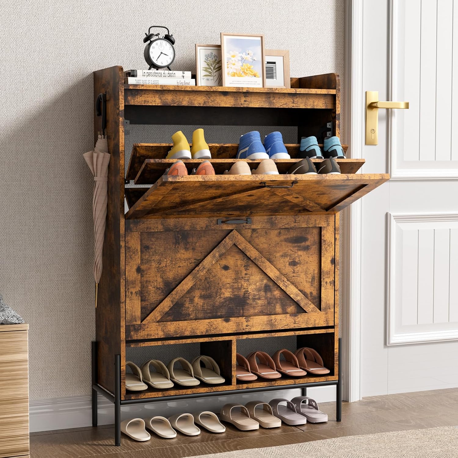 GarveeHome Shoe Cabinet with 2 Flip Drawers, Freestanding Shoe Storage Cabinet Organizer for Entryway, Narrow Shoe Rack Cabinet, Dry and Wet Separation Shoe Organizer with Metal Legs, Brown