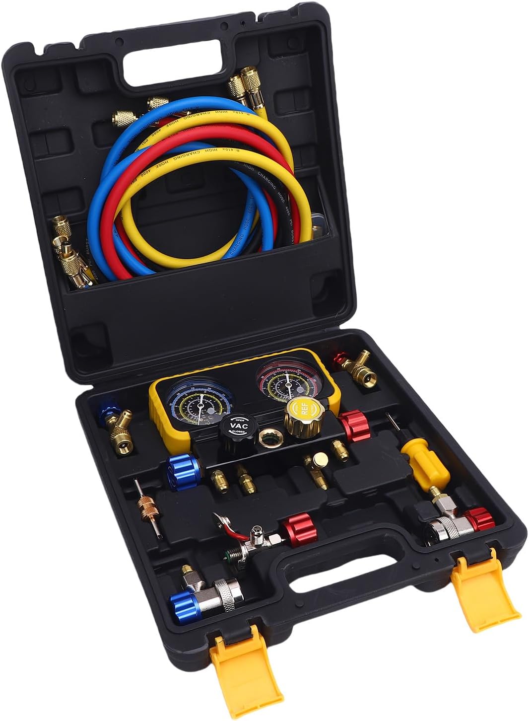 Srliya 4 Way HVAC Gauges Manifold Set, Heavy Duty Brass Replacement for R410A R32 R134A R22 Refrigerants with Hoses Safety Valves Flow Meter Charging Tool