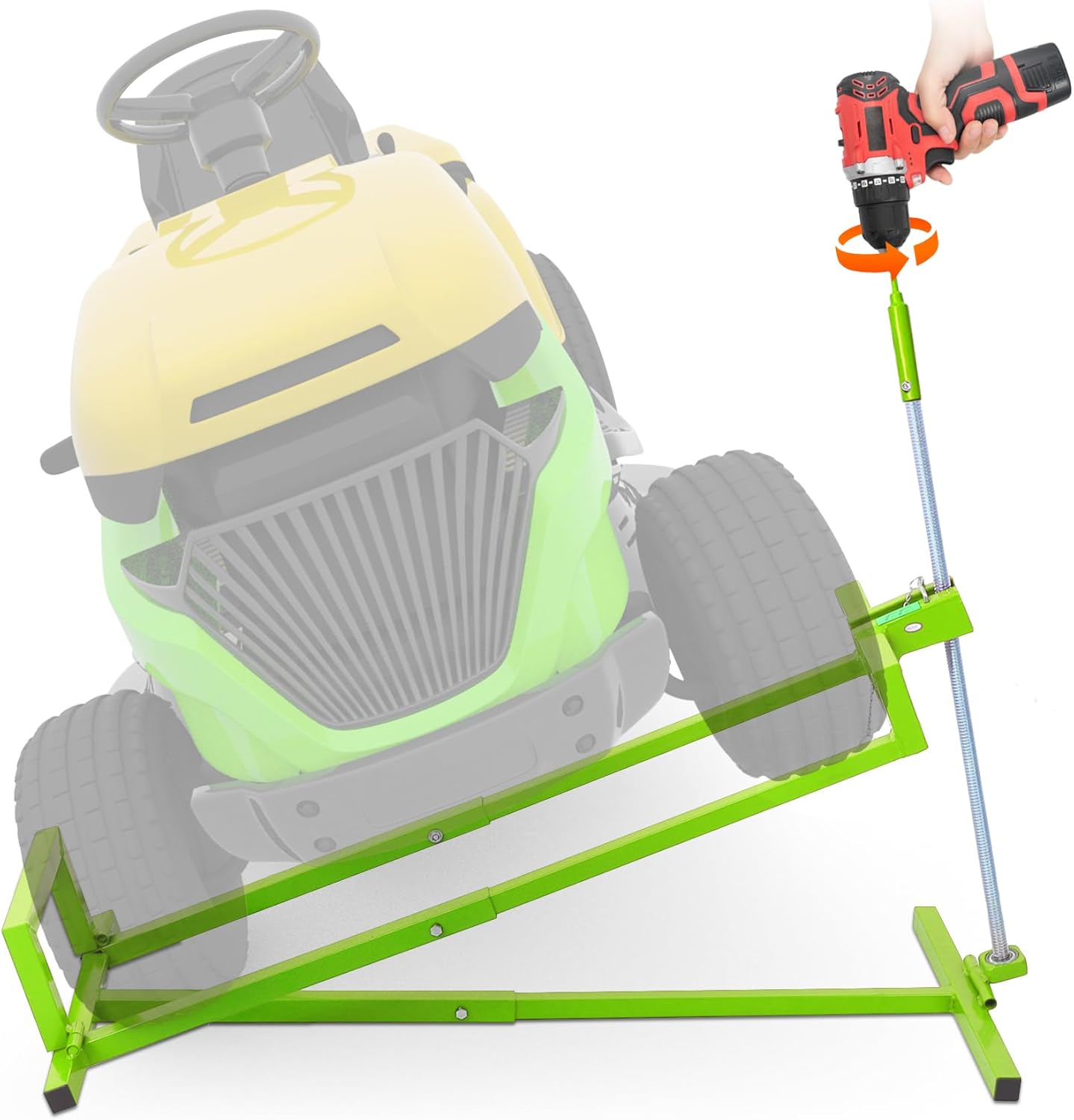 Heavy Duty Steel Riding Mower Lift, 880 Lbs Lawn Mower Lift Jack, Foldable Lawn Tractor Lift, Telescopic Maintenance Jack with Manual & Power Tool Handle for Lawn Mowers and Garden Tractors, Red