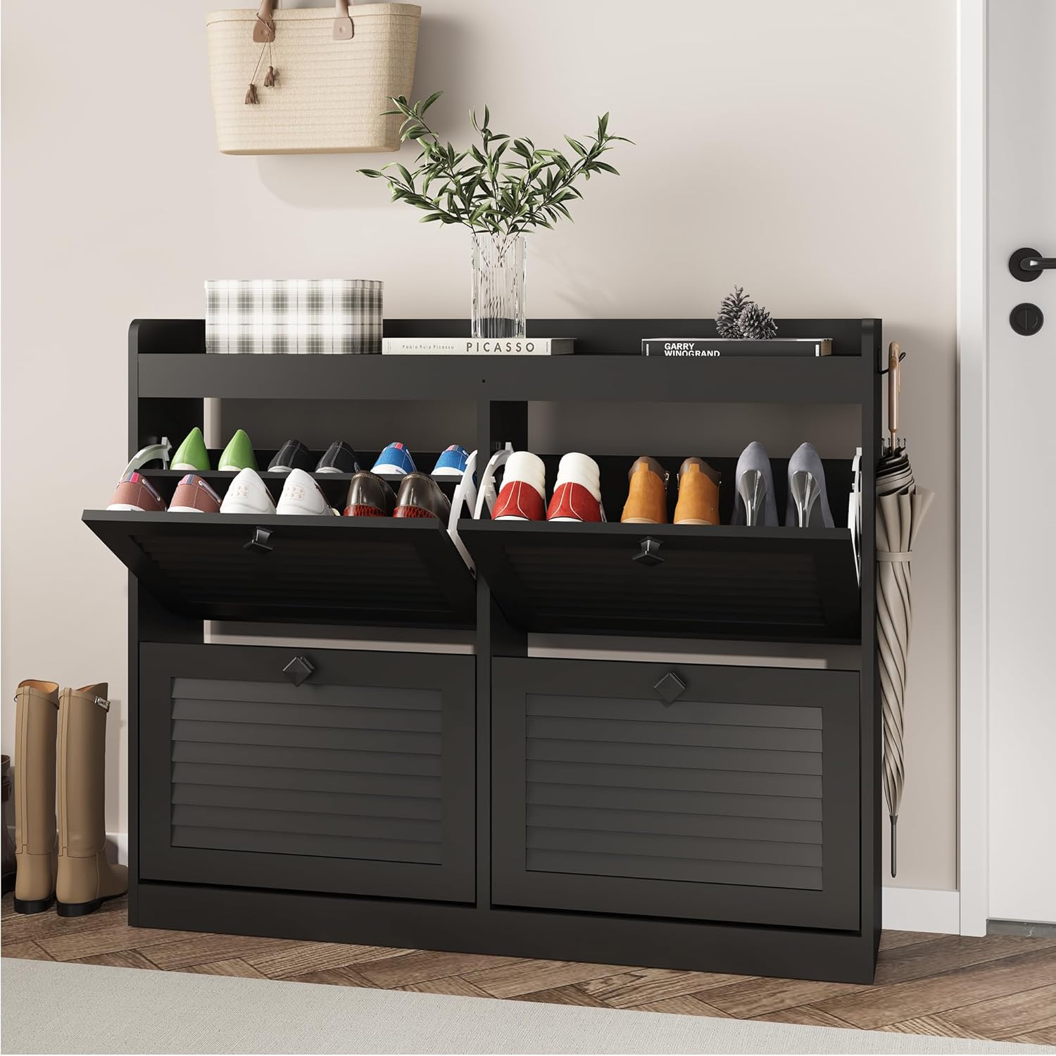 GarveeHome Large Shoe Cabinet with 4 Flip Drawers, Wooden Shoe Cabinet Storage with Adjustable Shelf for Entryway, Freestanding Hidden Shoe Organizer for Hallway, Bedroom, Living Room, Black