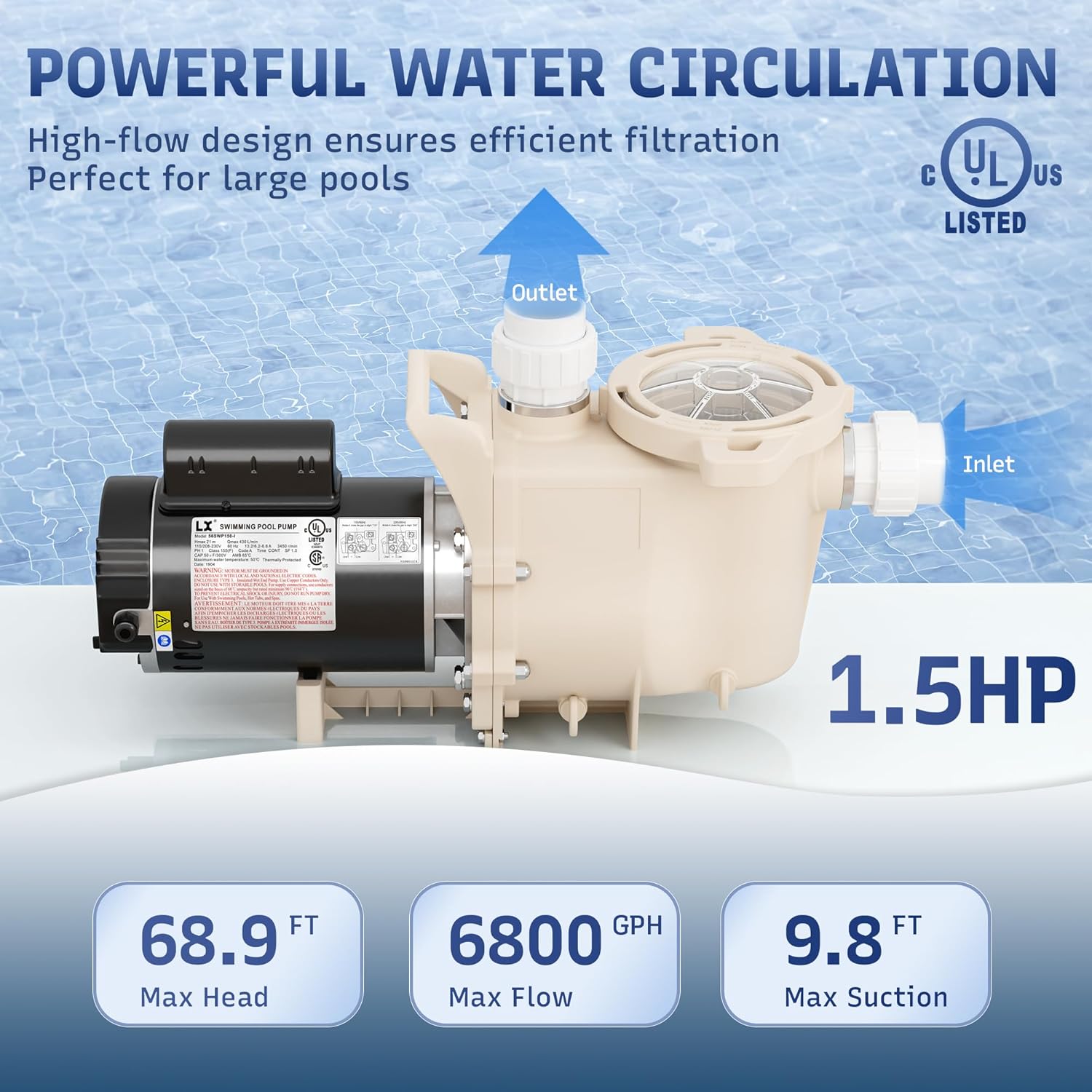 1.5 HP Pool Pump, 6815 GPH High Flow Self Primming Pool Pump Inground, 115V/230V, Low Noise Swimming Pool Pump In/Above Ground with Filter Basket and 2