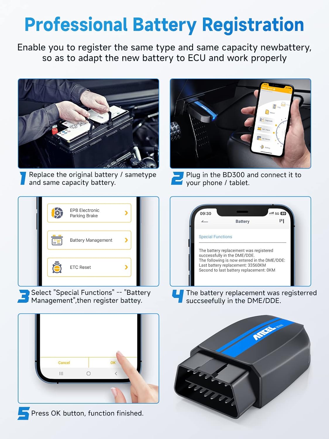 ANCEL BD300 OBD2 Scanner Bluetooth Fits for BMW Full System Code Reader Fits for BMW Diagnostic Tool with Battery Registration Tool Service EPB CBS ETC ABS Airbag & Powerful OBD2 Scanner
