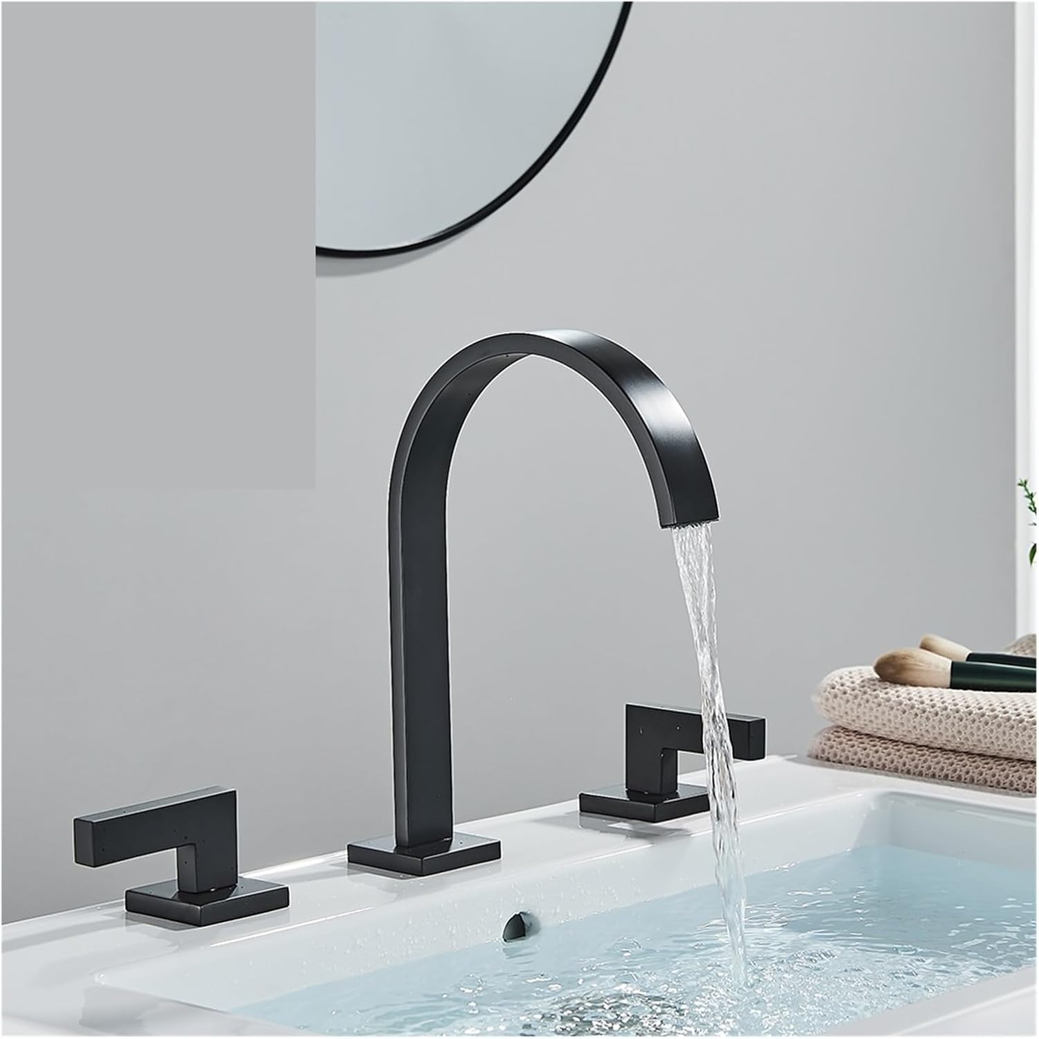 Modern Waterfall Spout Bathroom Sink Double Handle Basin Mixer Faucet Deck Mount Hot and Cold(Color:Chrome)