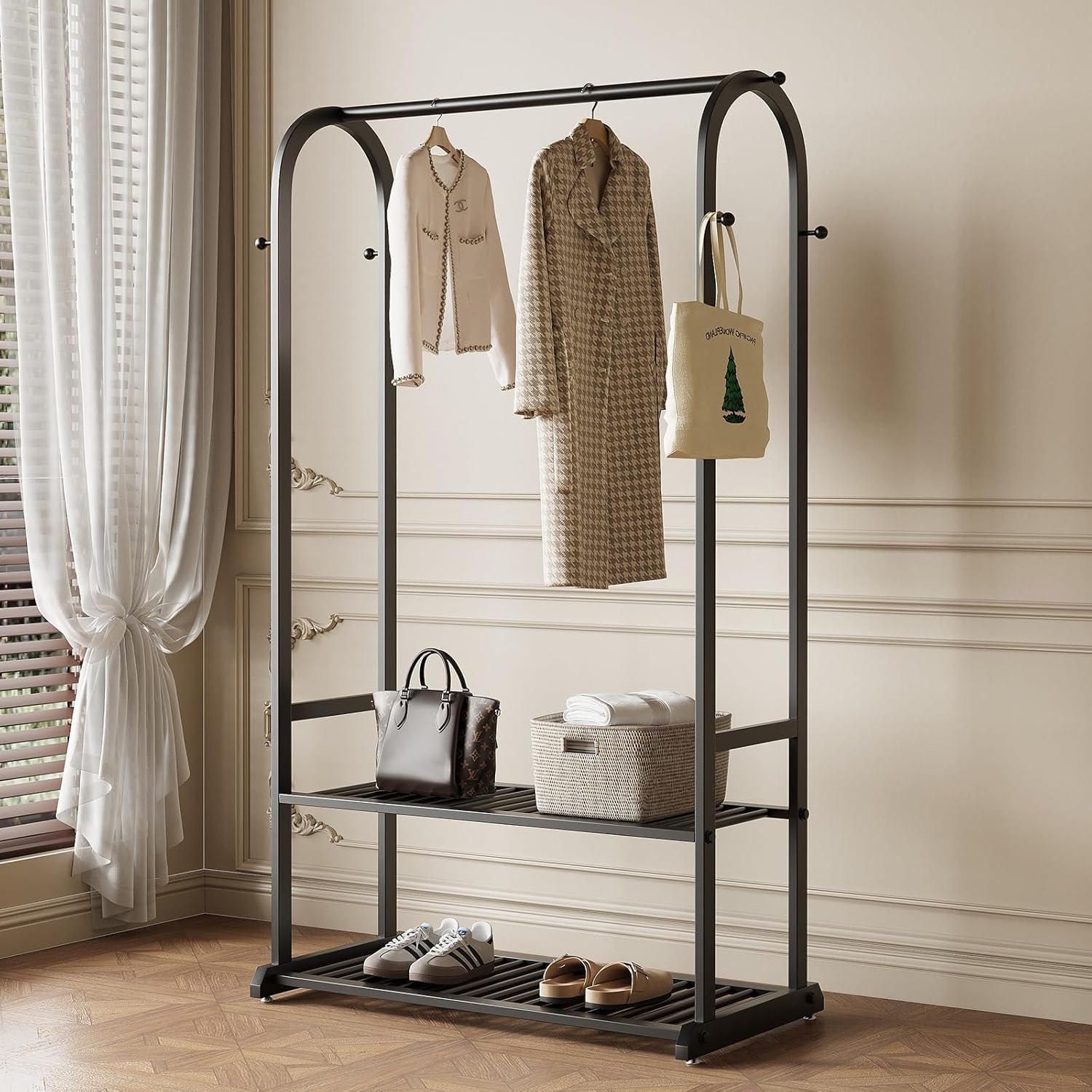 Gold Clothing Rack,Heavy duty clothes rack with 2-tier Bottom Shelves, Garment Rack with 6 Side Hooks for Hanging Clothes, Coats, Shirts (gold, 39.37in)