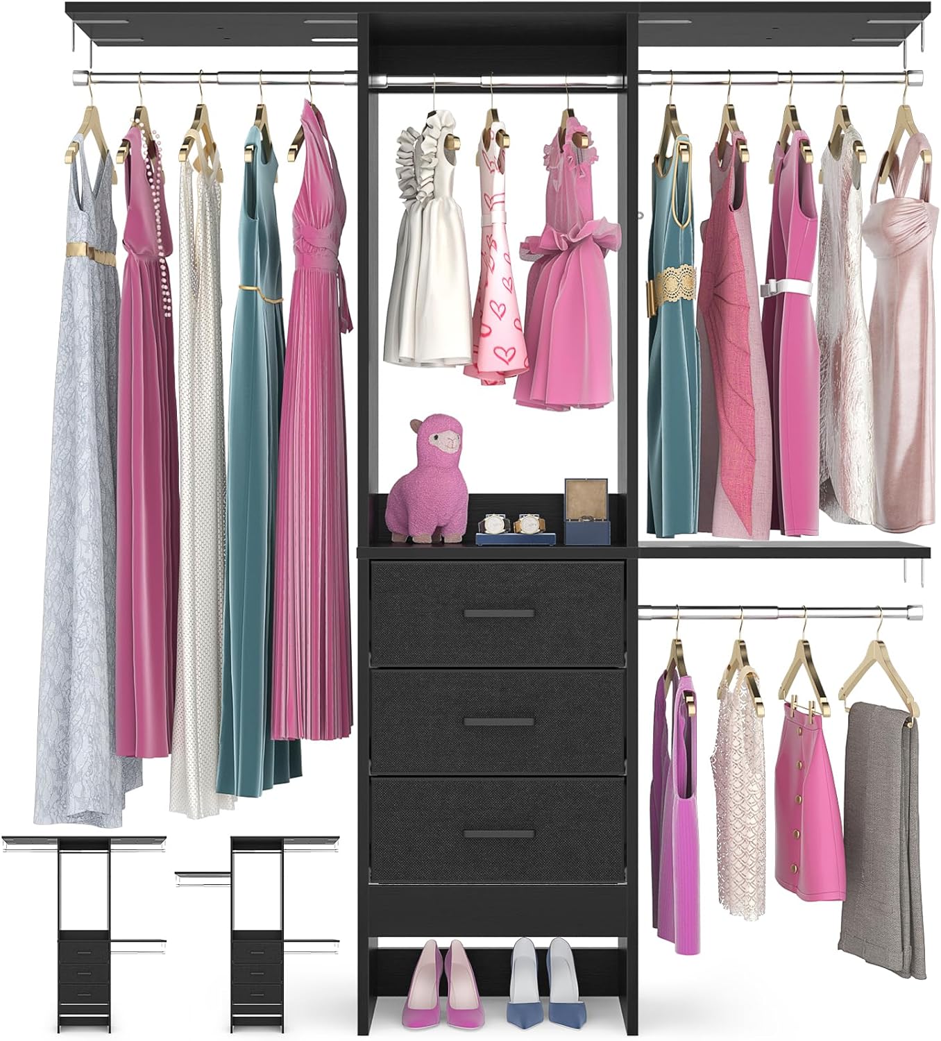 4FT Small Closet System with 3 Fabric Drawers, 48'' Closet Organizer System With 3 Adjustable Shelves, Flexible Built-In Clothes Garment Rack for Small Space, 48