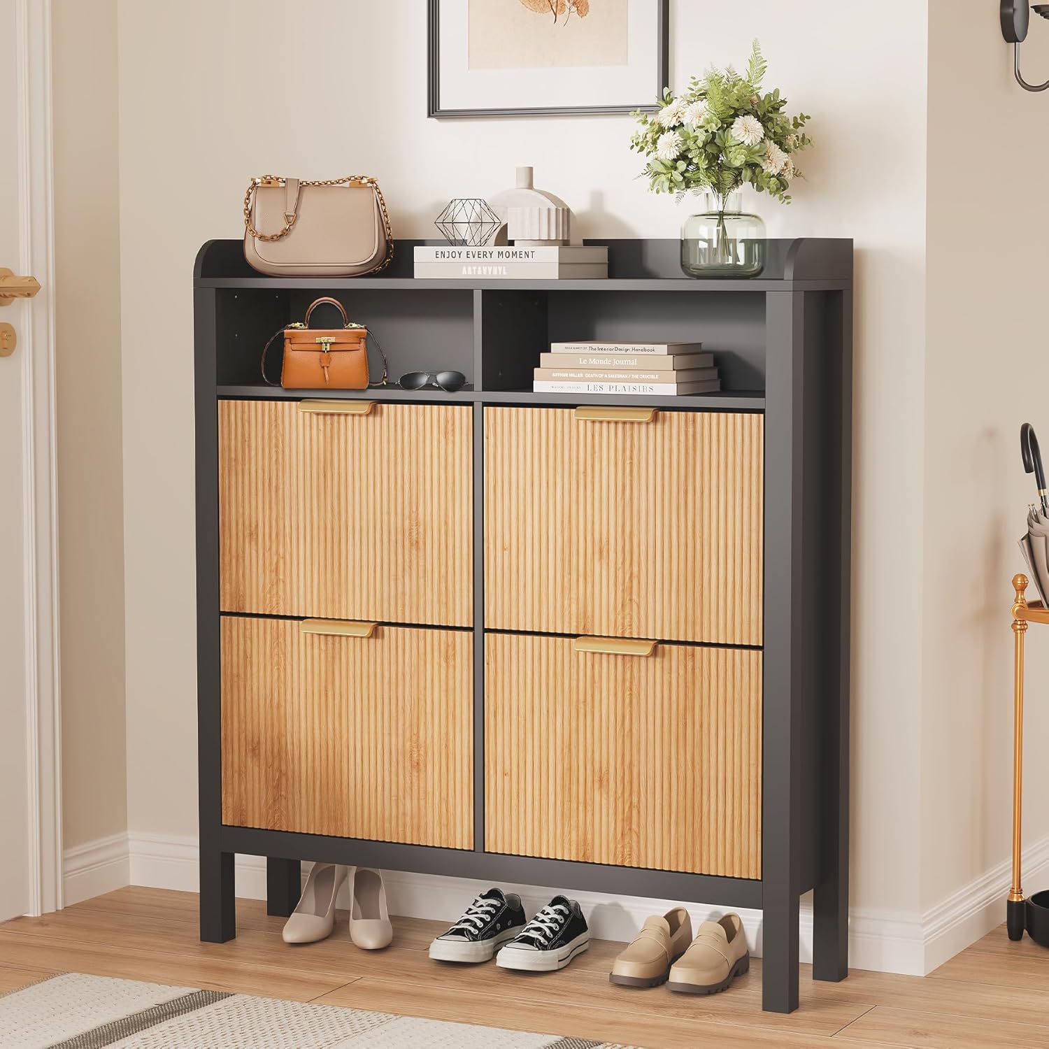 GarveeHome Shoe Storage Cabinet with 4 Flip Drawers, Fluted Narrow Shoe Storage Cabinet Organizer with Legs, Freestanding Hidden Slim Shoe Storage for Entryway Hallway, Living Room, Bedroom