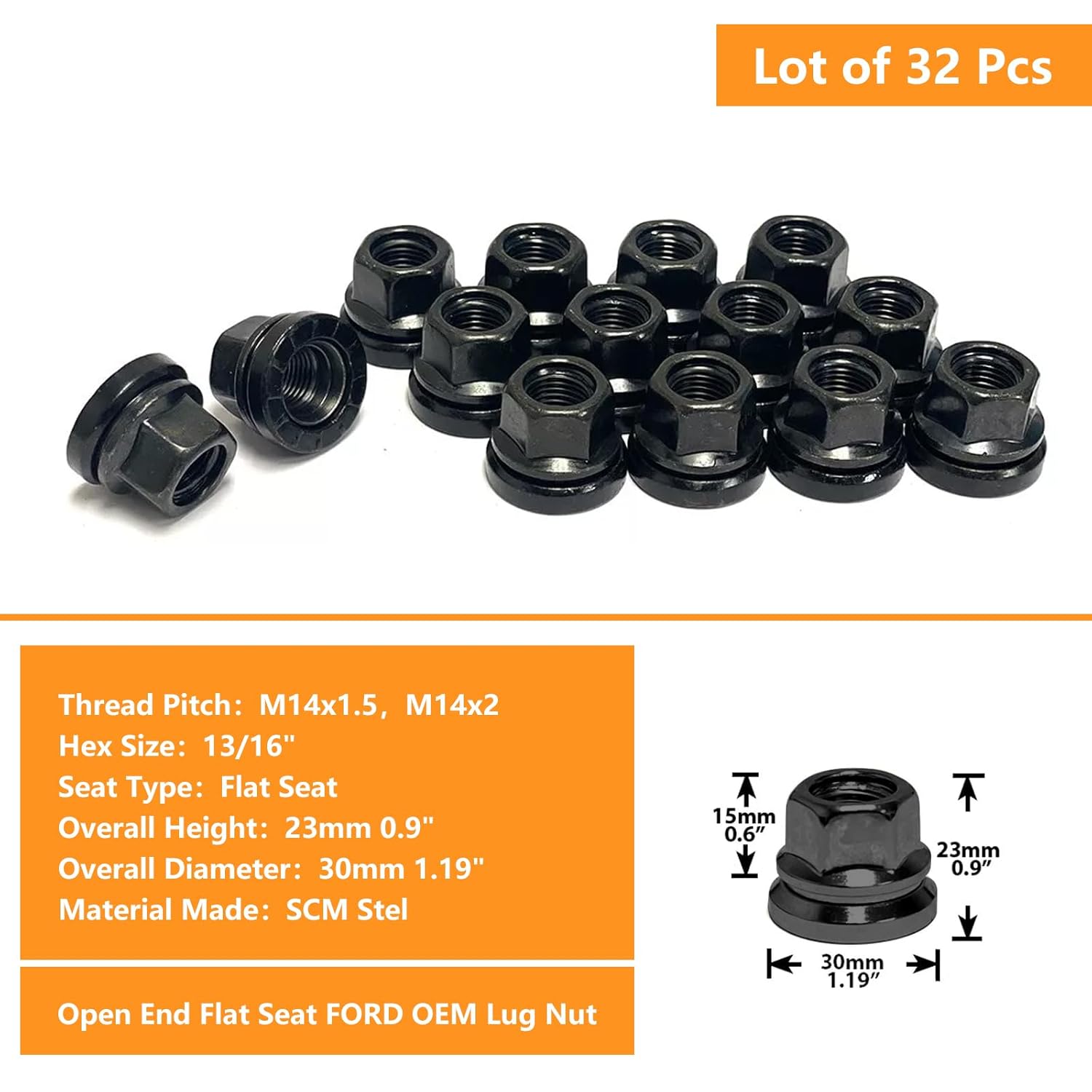 100PCS M14x1.5 Flat Seat Lug Nuts 0.9