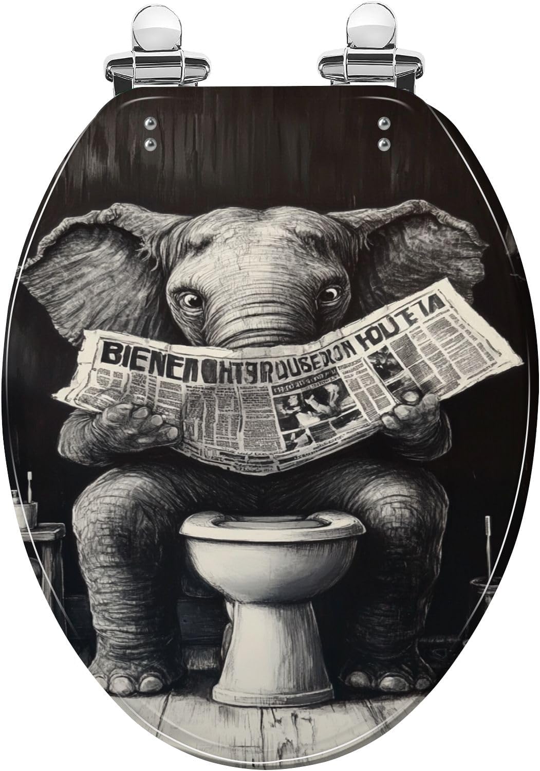 Round Toilet Seat Whimsical Elephant Bathroom Illustration Black White Vintage Art Resin Toilet Seat Quietly Close Quick Release Hinges Decorative Toilet Seat with Cover Easy to Install