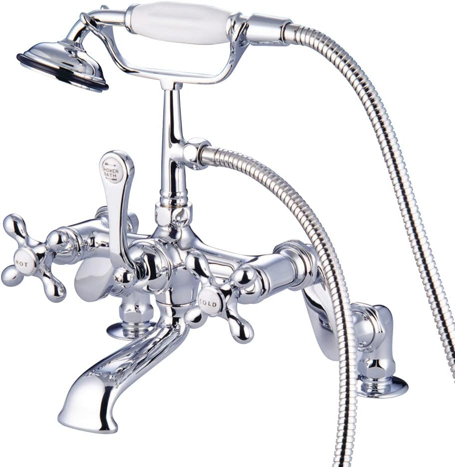 Kingston Brass CC658T1 Vintage 4-to-13-Inch Adjustable Center Deck Mount Leg Tub Filler with Hand Shower, Metal Cross Handle, Polished Chrome