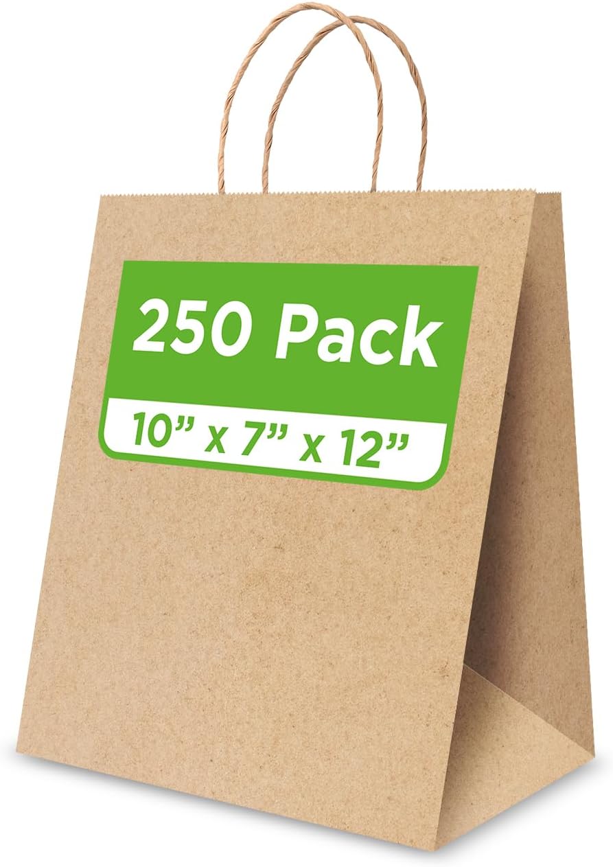 Bistro Brown Kraft Paper Bags | 10x7x12 Inches – 250 Pcs | with Twisted Handles – Shopping Bags for your Business, ideal for Takeout Containers & Restaurants/Grocers.