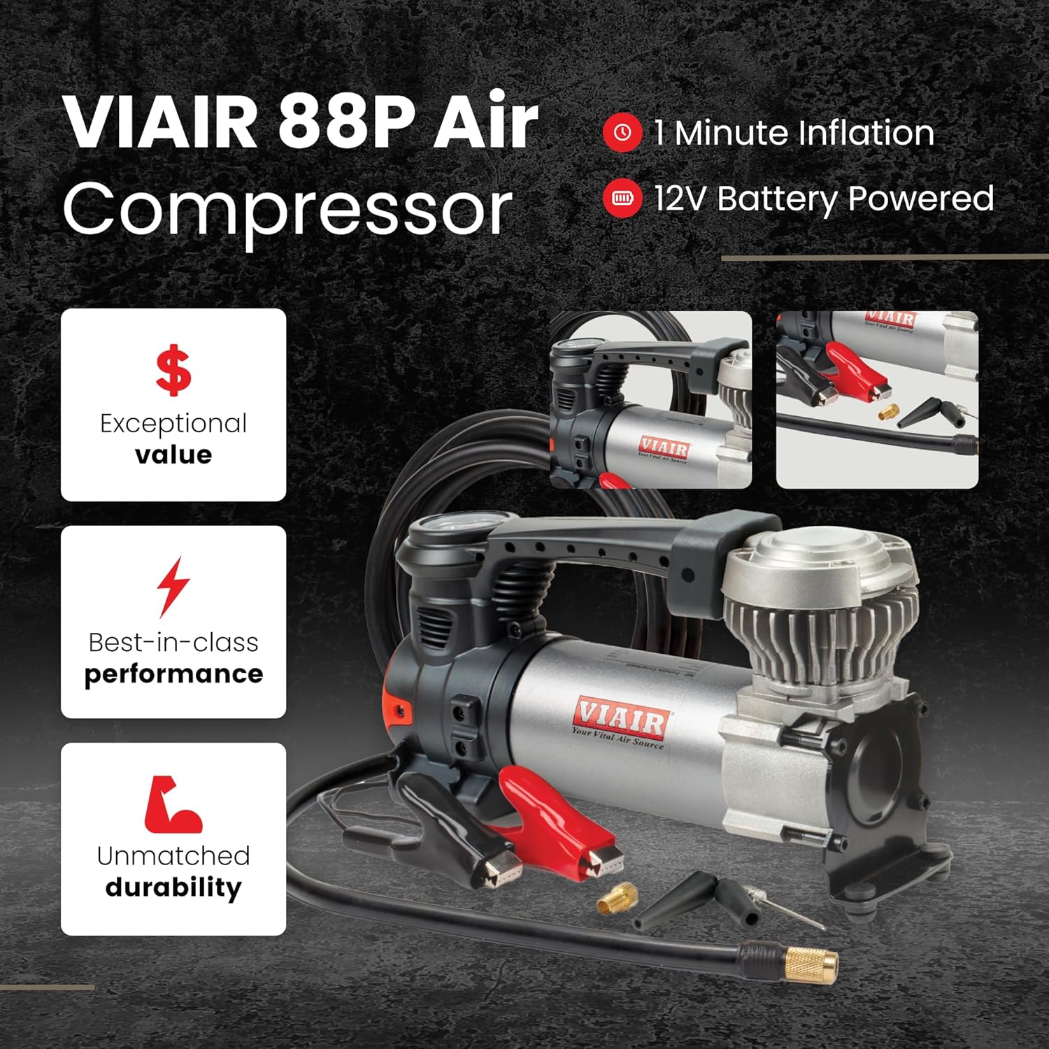 VIAIR 88P - 00088 Tire Inflator Portable On/Offroad Air Compressor for Car, Truck, SUV & RV | 12V Heavy Duty Pump 120 PSI, Alligator Clip, Twist Chuck