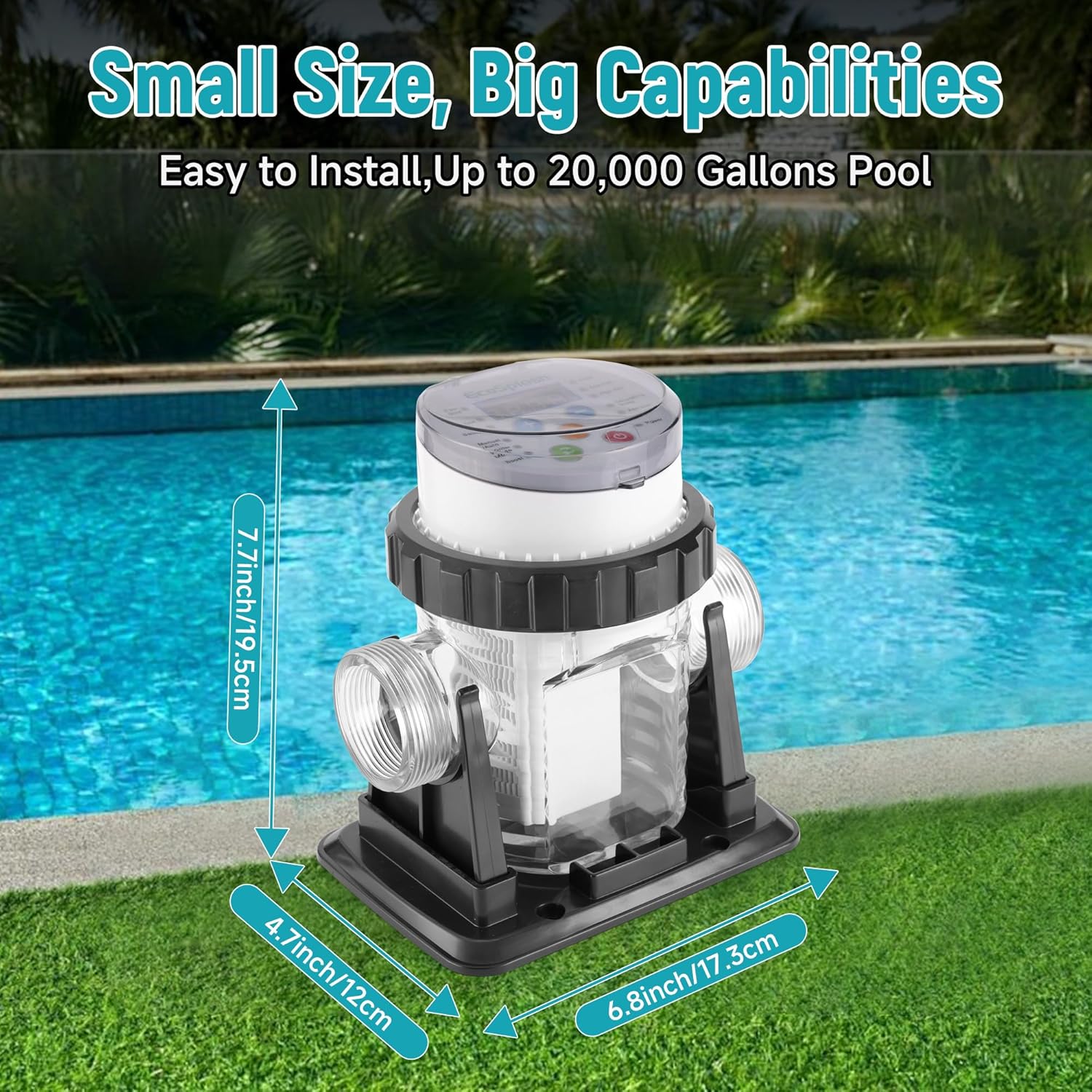Automatic Saltwater Chlorinator for Above-Ground Pools – High-Efficiency Pool Salt Water Chlorination System up to 20,000 Gallons with Self-Cleaning Cell, Adapter and Test Strip