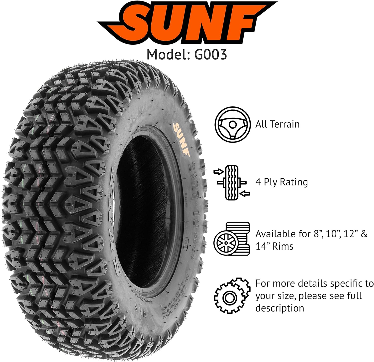 Set of 2 SunF G003 all-Terrain UTV & Golf-Cart Turf Tires 21x7-10, 4 Ply, Tubeless - Lawn & Garden, Rim(s) NOT included