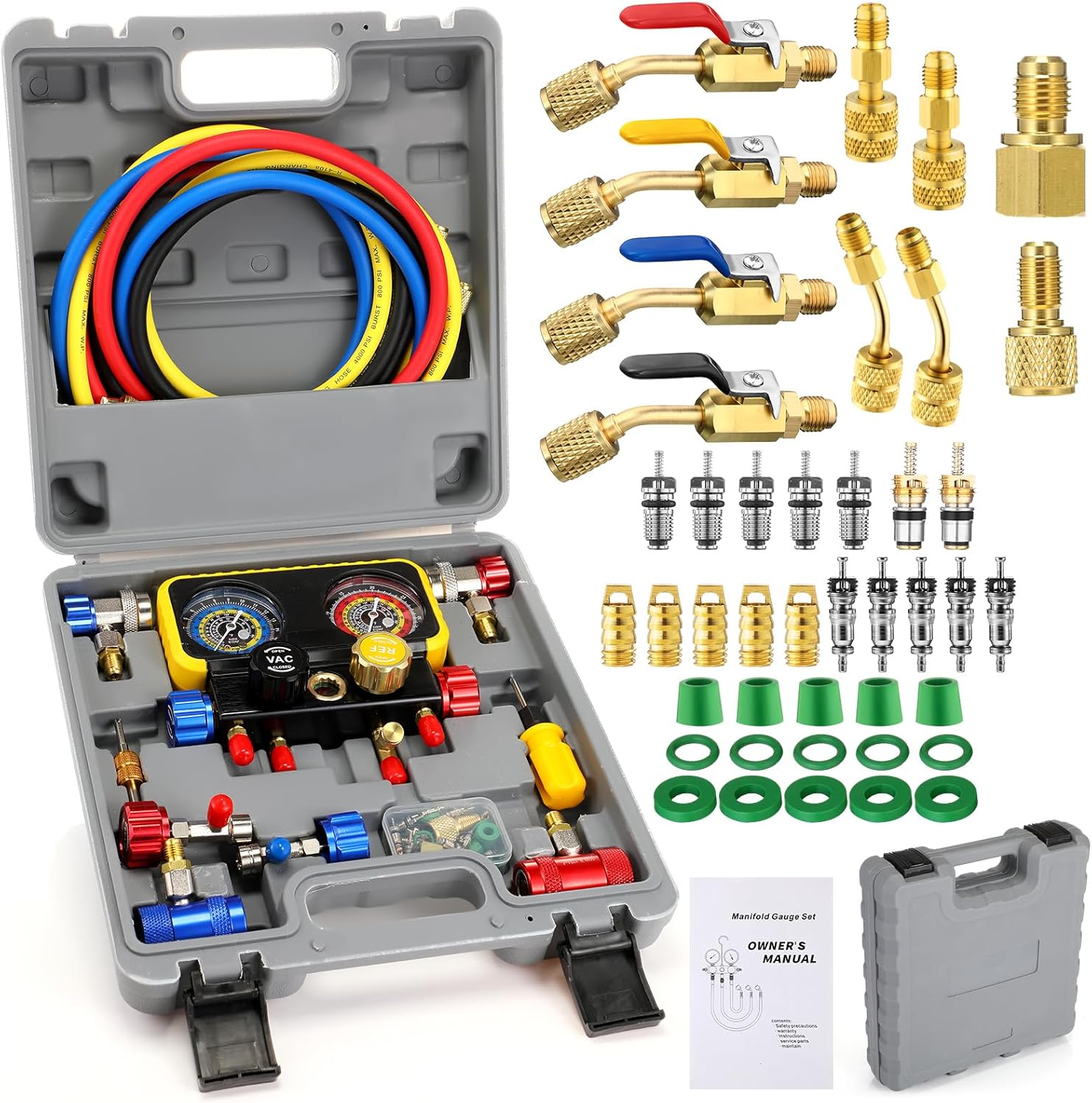 HVAC R1234YF R134A Manifold Gauge Set Automotive 4 Way AC Gauge Set R1234YF R134A and R404A Refrigerants with 5ft Hoses R134a R1234YF Adapter for Car Charging and Evacuation
