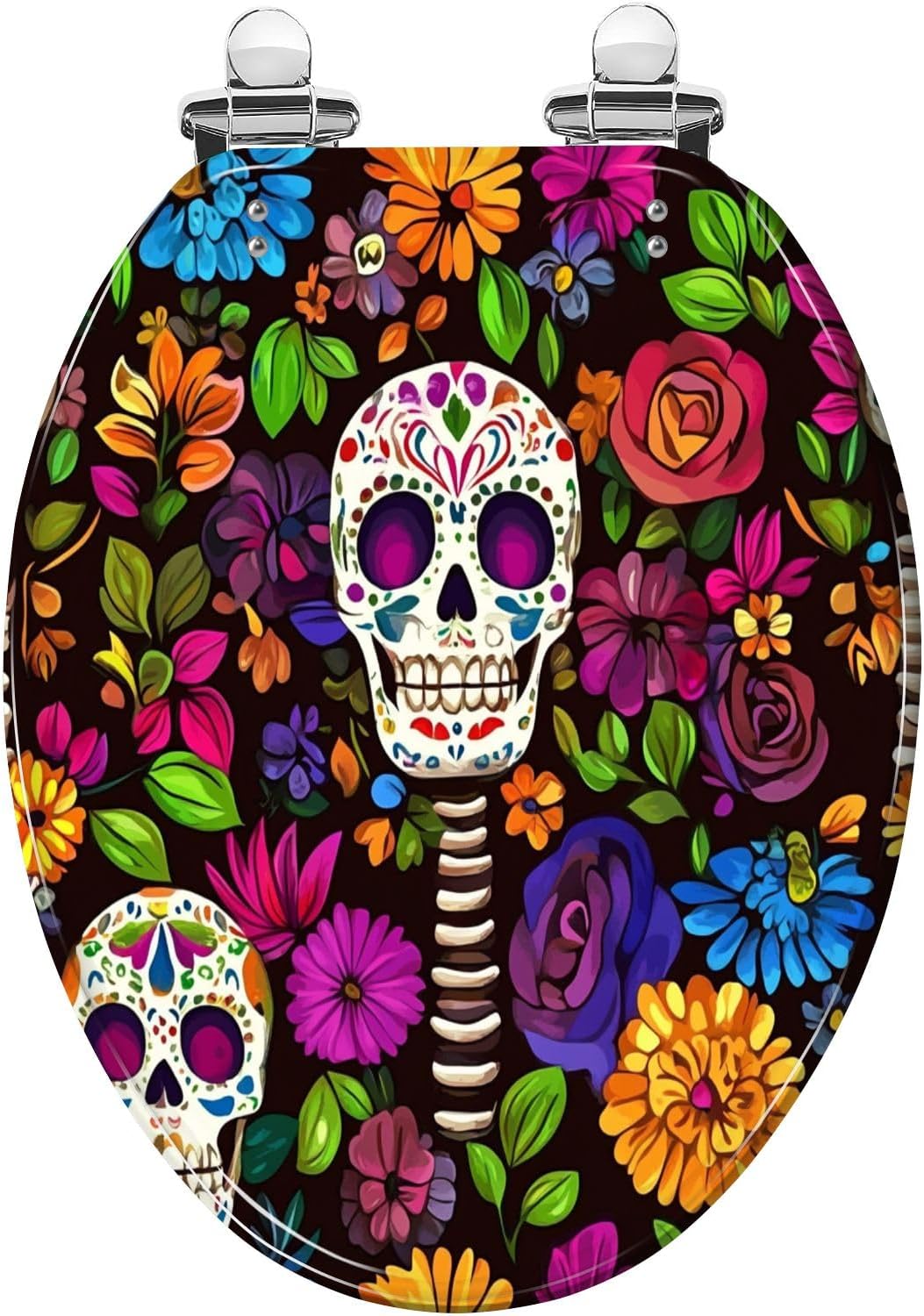Round Toilet Seat Sugar Skull Floral Naif Art Mexican Calaveras Seamless Pattern Resin Toilet Seat Slow Quiet Close with Quick-Release Hinges Toilet Seat with Cover Easy to Clean Install