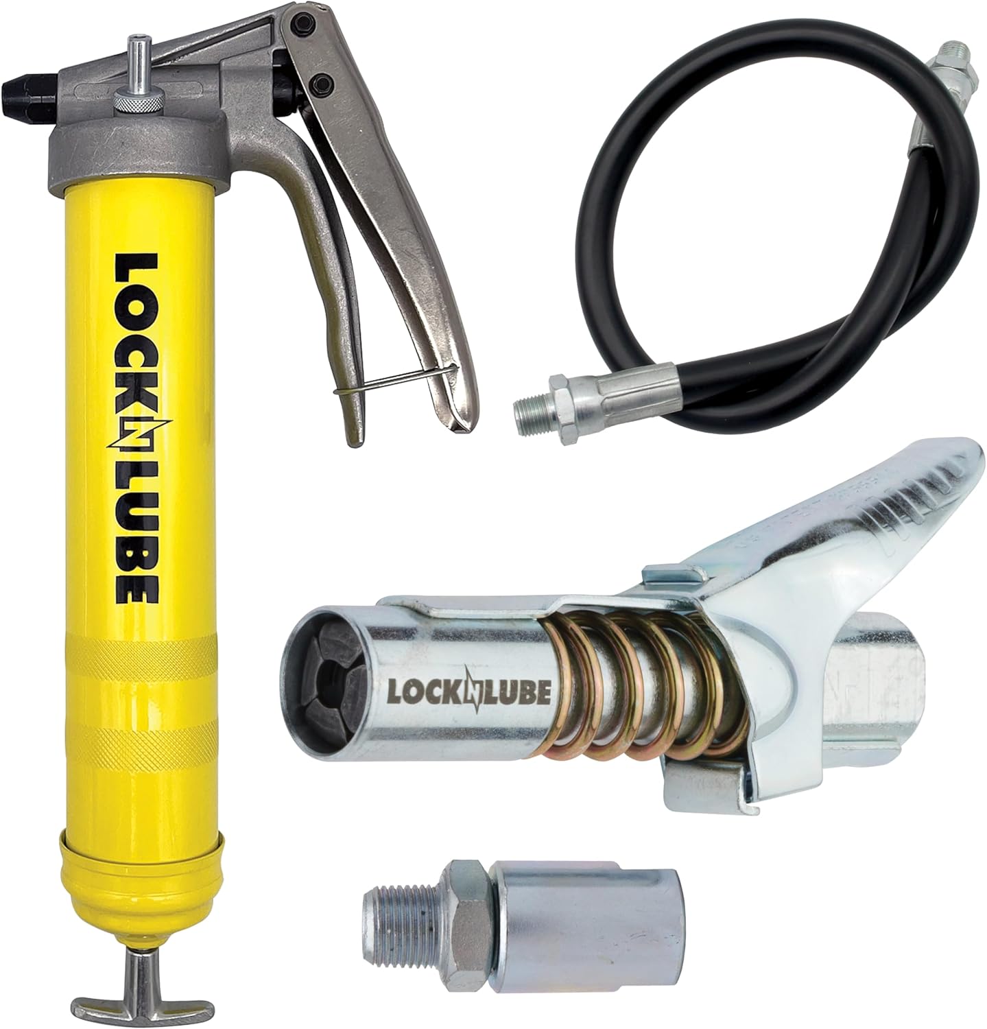 LockNLube Premium Pistol-Grip Grease Gun. Includes our patented LockNLube® Grease Coupler (locks on, stays on, won't leak!) plus a high-quality 20