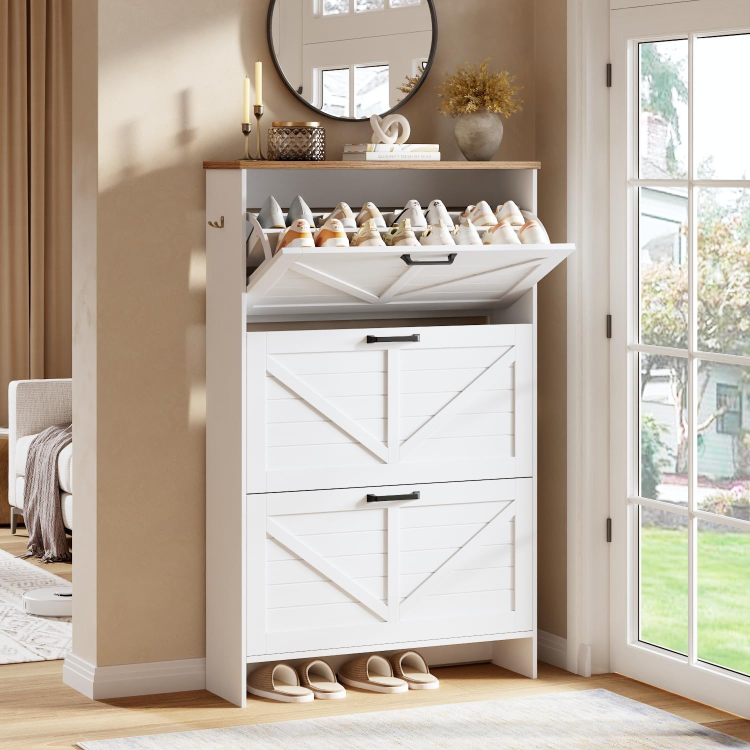 Nicetree Shaker Barn Door Shoe Cabinet - 3 Flip Drawers & 3-Tier Adjustable Shelves, Ultra Slim Freestanding, Modern Rustic Brushed White Farmhouse Shoe Rack for Entryway, Hallway, Foyer & Mudroom