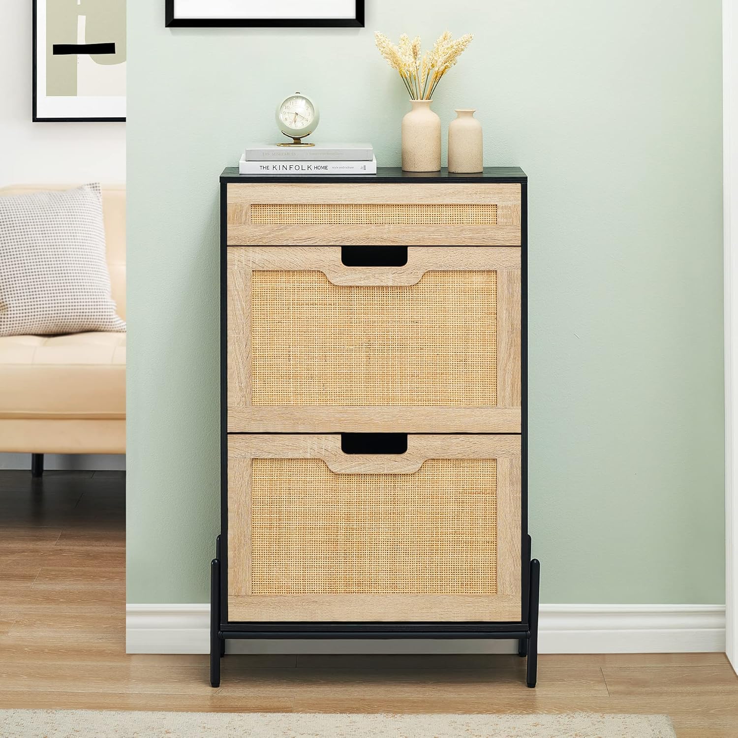 GAOMON Natural Rattan 3 Flip Door with 1 Drawer Shoe Rack Storage Cabinet, Shoe Cabinet Organizer Freestanding with 3-Tier Adjustable Shelves for Entryway, Entrance Hallway (3 Flip Doors, White)