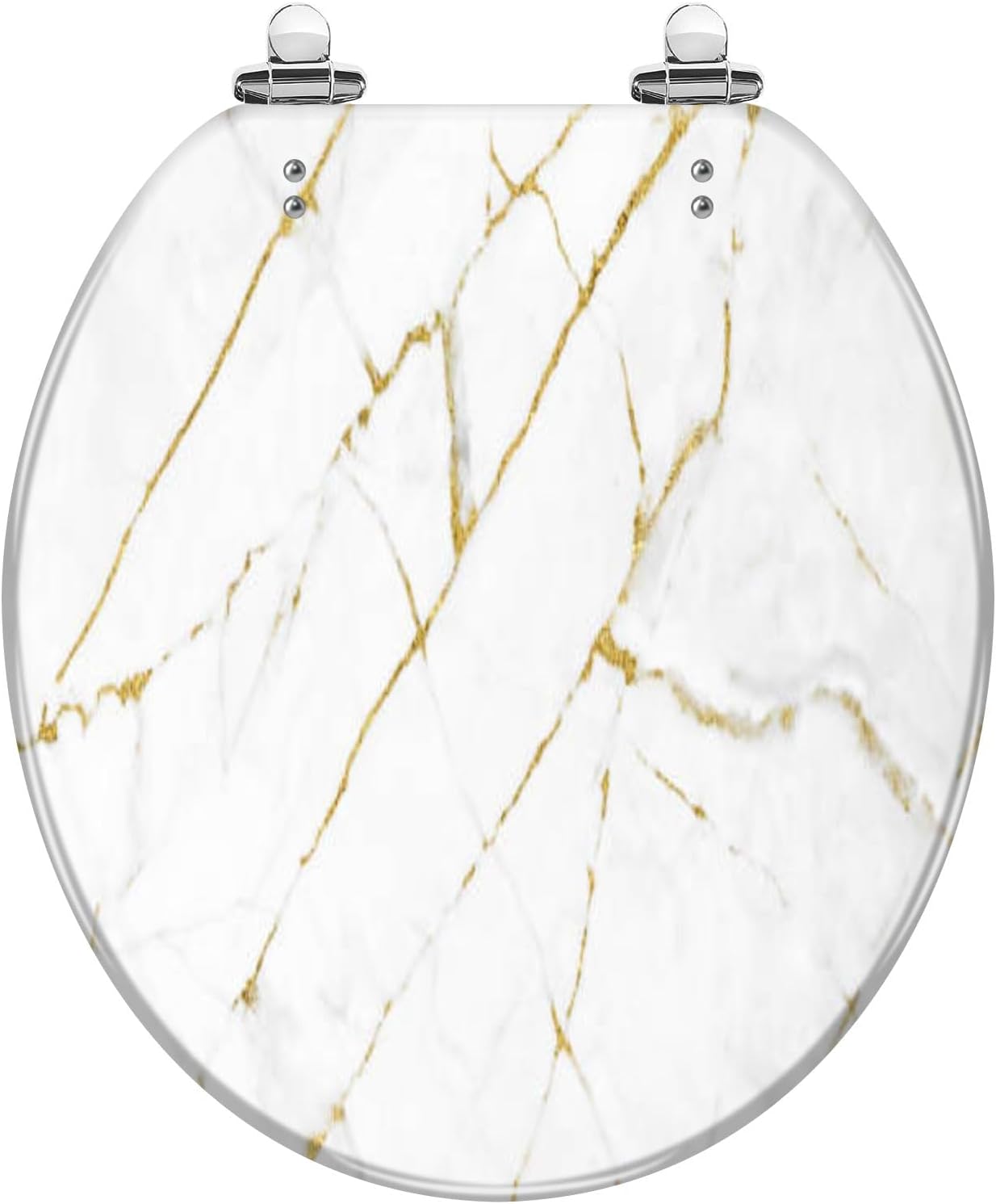 Round Toilet Seat White gold marble luxury wall texture shine golden line pattern Resin Toilet Seat Slow Quiet Close with Quick-Release Hinges Toilet Seat with Cover Easy to Clean Install