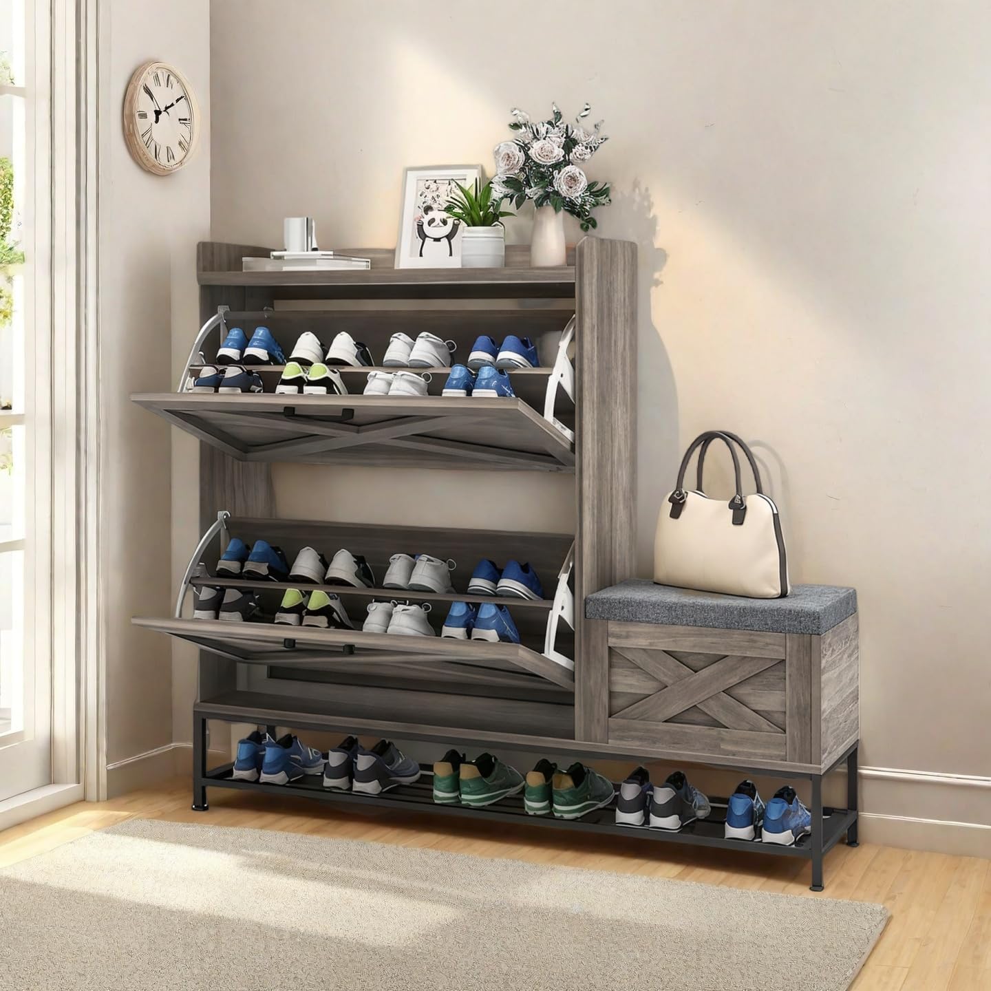 DWVO Farmhouse Shoe Storage Cabinet with 2 Flip Drawers for 16 Pairs, Entryway Shoe Storage with Shoe Bench, Narrow Slim Shoe Cabinet for Entryway, Living Room, Hallway (Washed Grey)