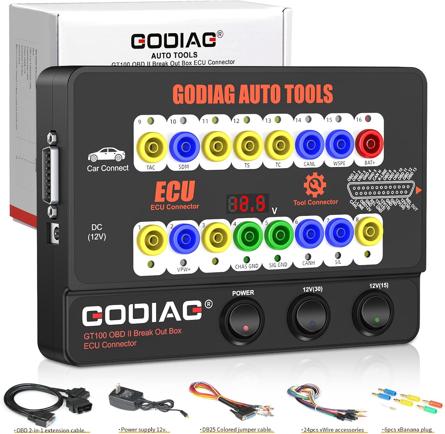 GODIAG® Auto ECU Breakout Box, GT100 Breakout Box OBDII Protocol Detector for OBDII Protocol Communication Detection/ECU Tool Maintenance/Diagnosis/Programming/Coding