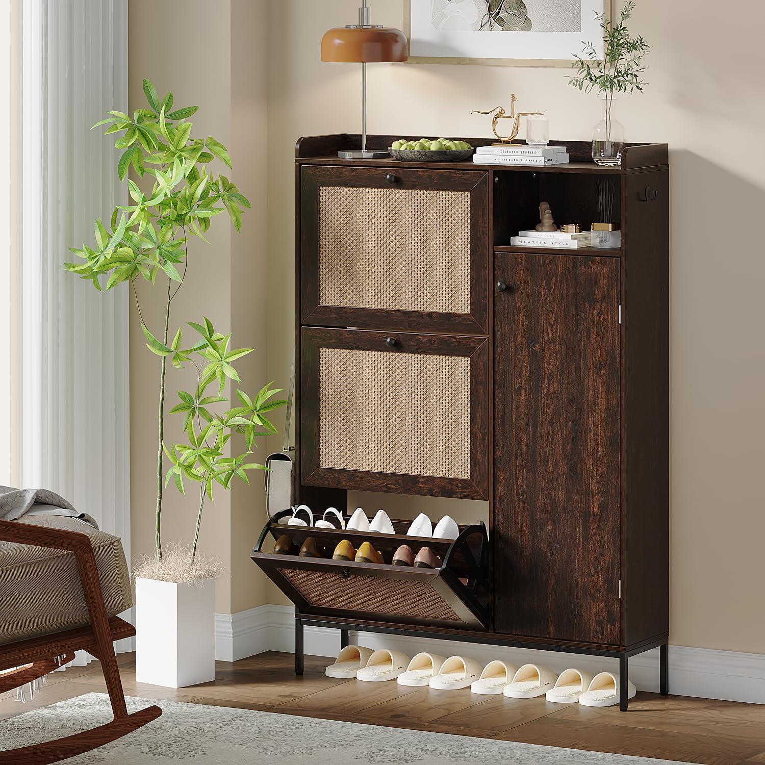 Shoe Cabinet with 3 Flip Drawers, Rattan Freestanding Organizer with Adjustable Shelves, Metal Knob, Narrow Shoe Rack Cabinet, Shoe Organizer Cabinet for Entryway, Hallway, Easy Assembly, Dark Cherry