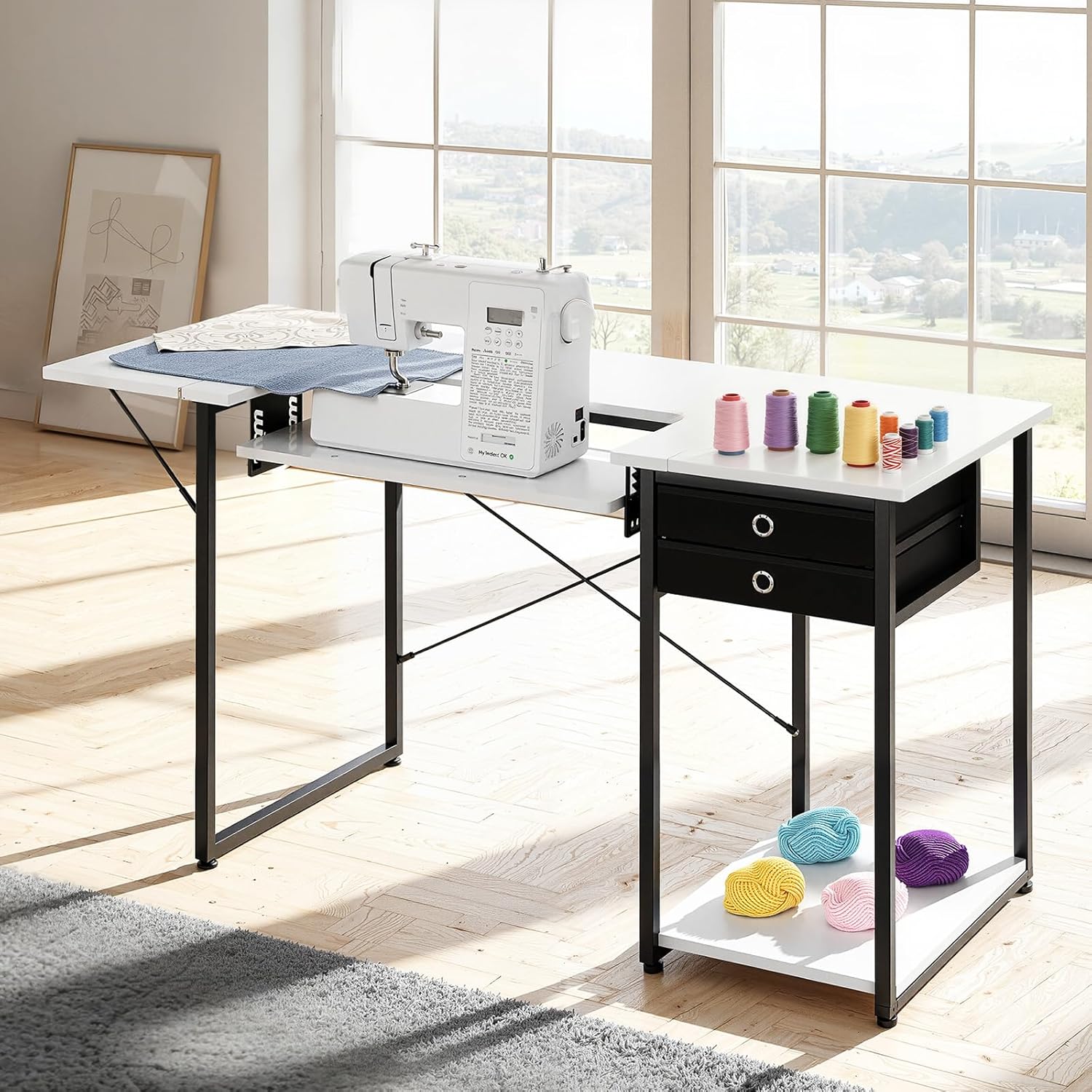 VEVOR Sewing Table, Multipurpose Sewing Machine Table with Foldable Side Shelf, Adjustable Shelf, Steel Legs, Computer Desk for Home, Fashion Studio, Art Studio, Educational Institution, White