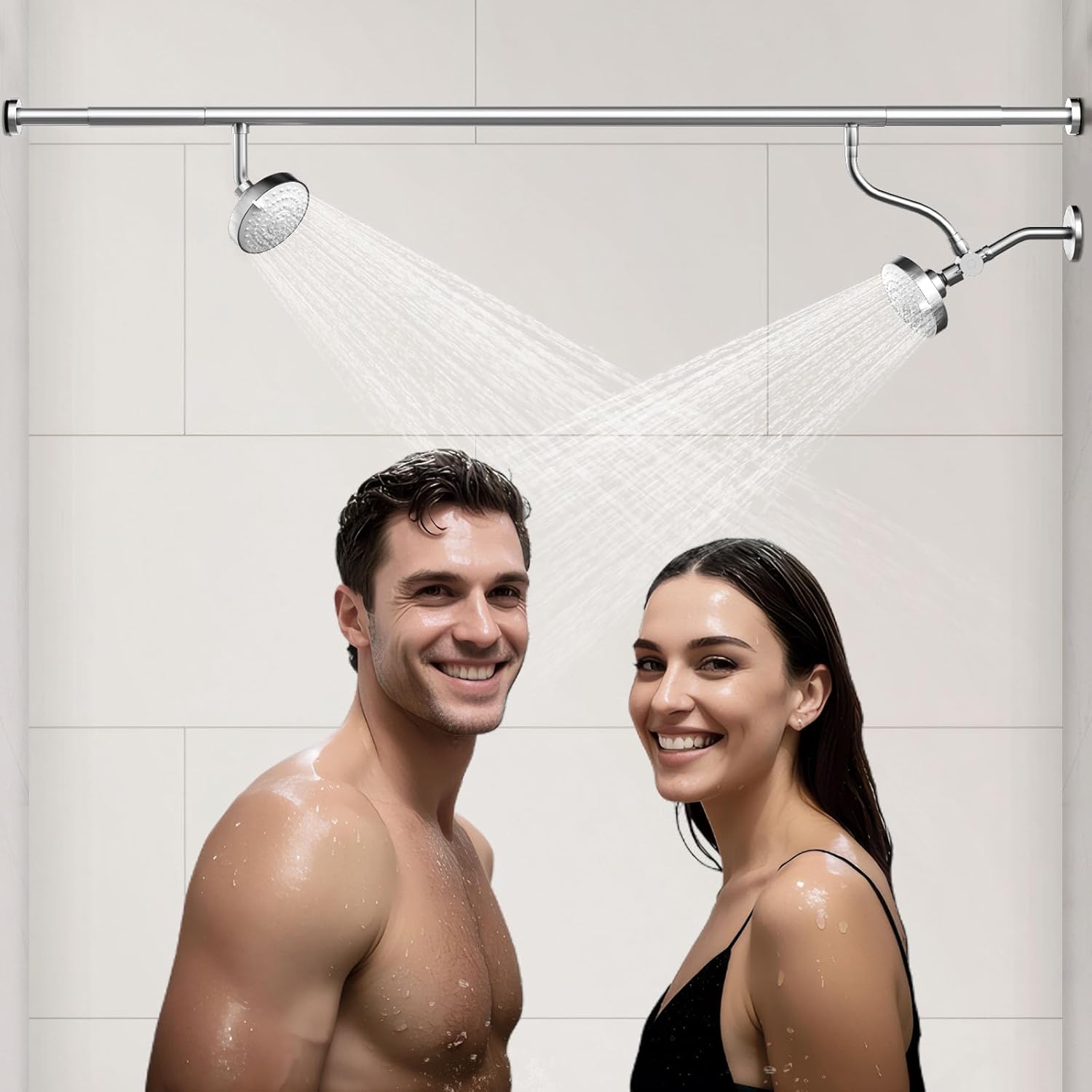 Dual Shower Head for Couples, High Pressure Double Shower Head for Two People Rod, Two Showerhead System with 3 Spray Modes Fit 2 Person Bathroom, Gifts for Women Men (Chrome, Unibody Design)