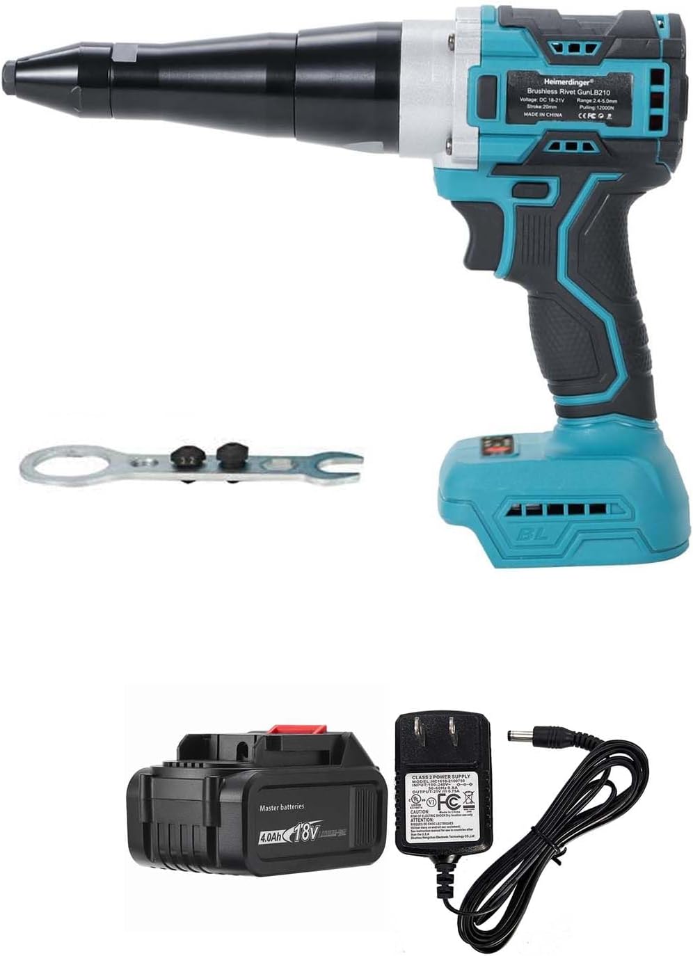 Heimerdinger Brushless Cordless Rivet Gun with 4000mAh Battery and Charger Set, 12000N Pulling Force, for 1/8