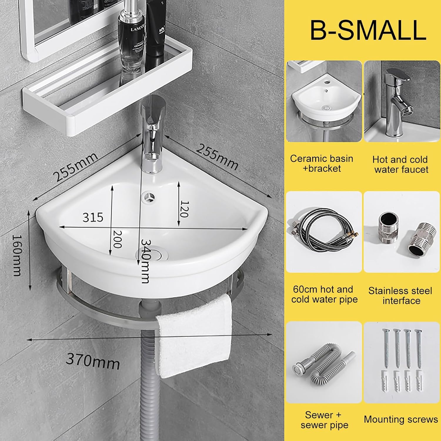 Small Corner Wall Mount Bathroom Sink, Bathroom Sink with Tower Hanger, White Ceramic Mini Vessel Sink with Overflow (Size : B-Small)