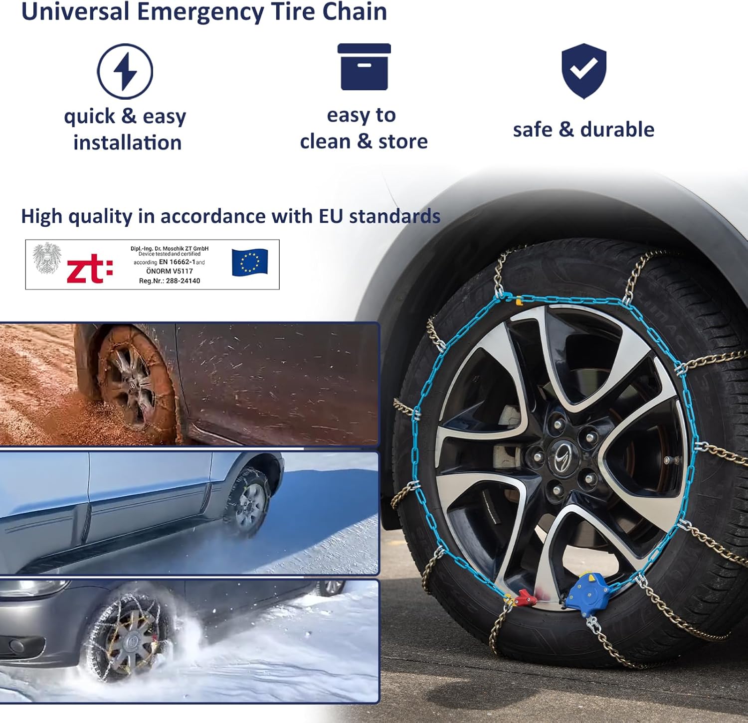Auto Tightening Snow Chains Tire Chains, 1-Minute Quick Install, Twist-Link, Wear-Resistant, Universal for Car/SUV/Pickup Trucks, Multi-Weather Emergency Traction, Set of 2 (HLN-140, 3.9mm)
