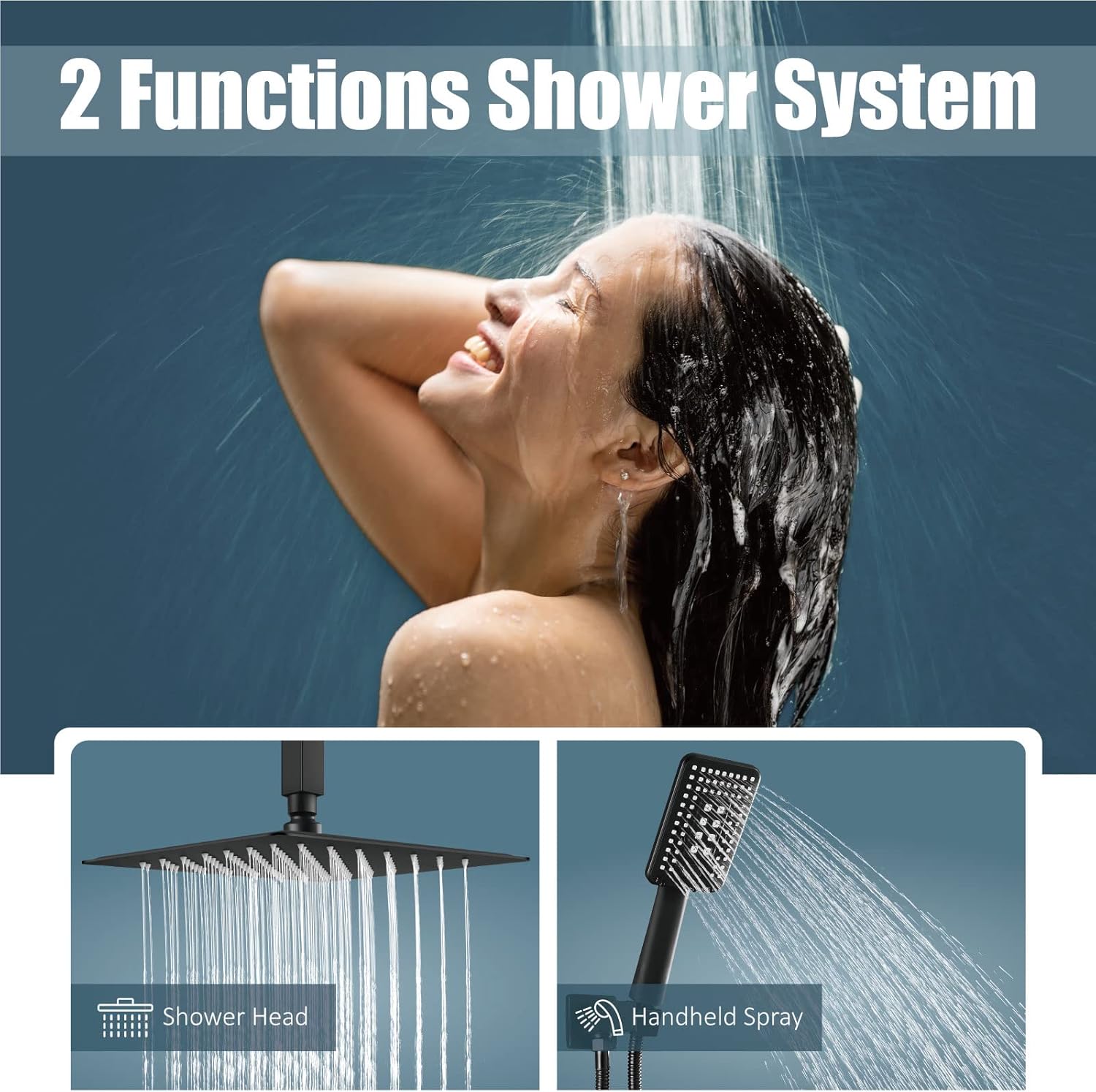 Aolemi Ceiling Mount Shower System with ABS 3 Functions Handheld Spray Luxury High Pressure Shower Faucet Set Rough-in Valve and Shower Trim Kit Included Bathroom Matte Black 12 Inch Shower Head