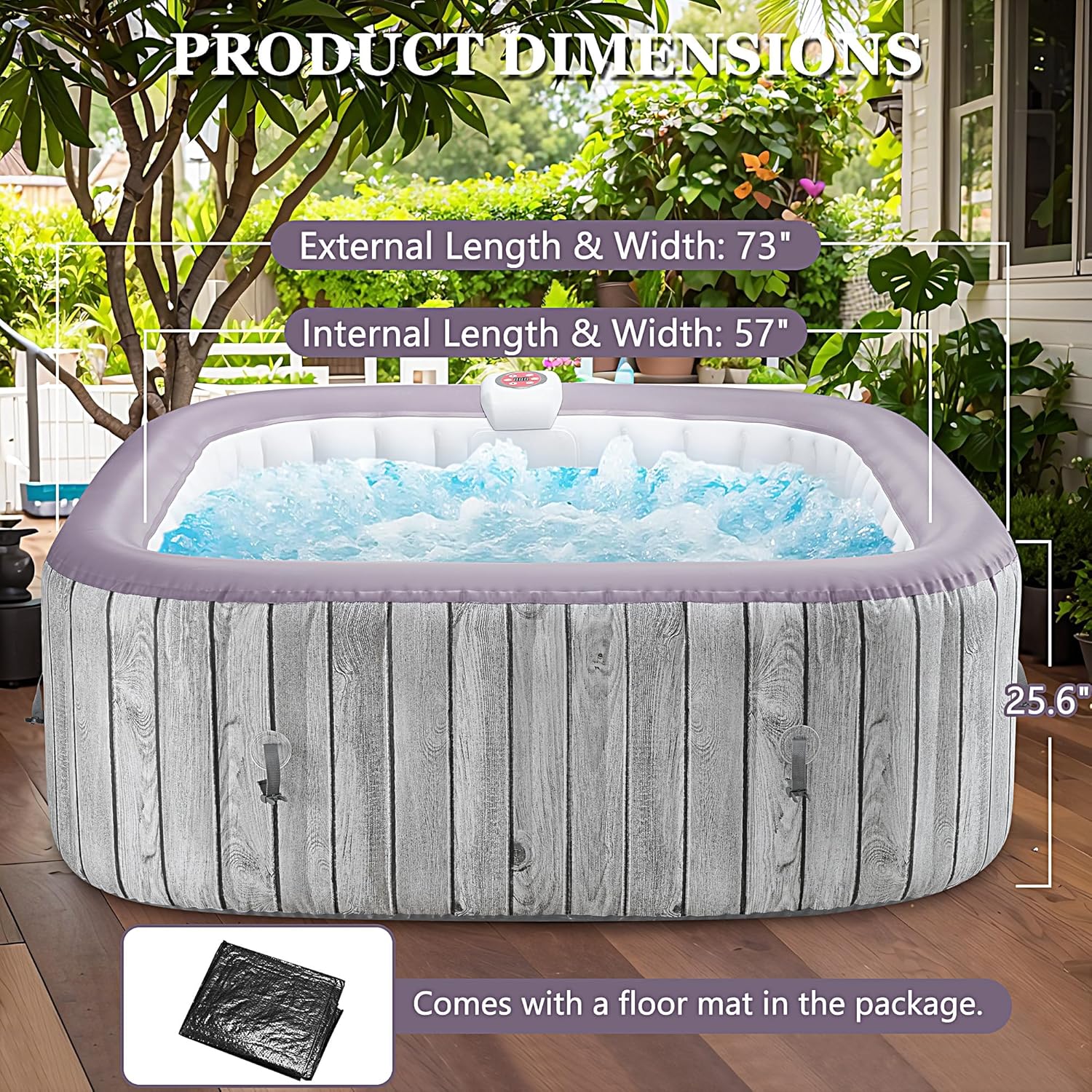 Seizeen 4-6 Person Inflatable Hot Tub, Portable Outdoor Spa Square Hot Tub with 130 Soothing Bubble Jets, Insulated Cover and 6 Filters, Max 104℉ Blow Up Hot Tubs for Home Backyard (Wood Grain)