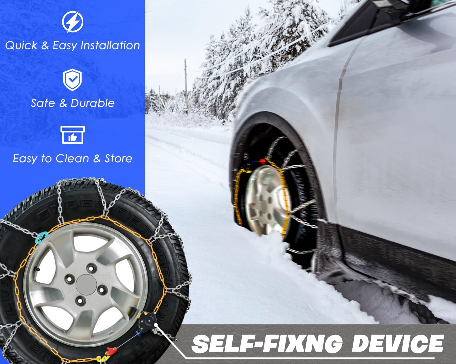 Snow-Chains Auto Fixing 1 Min Quick Fit Easy Installation Tire-Chains, Portable Reusable Universal Emergency Tire Traction Chain for Passenger Car, Pickup Trucks and SUV - Set of 2