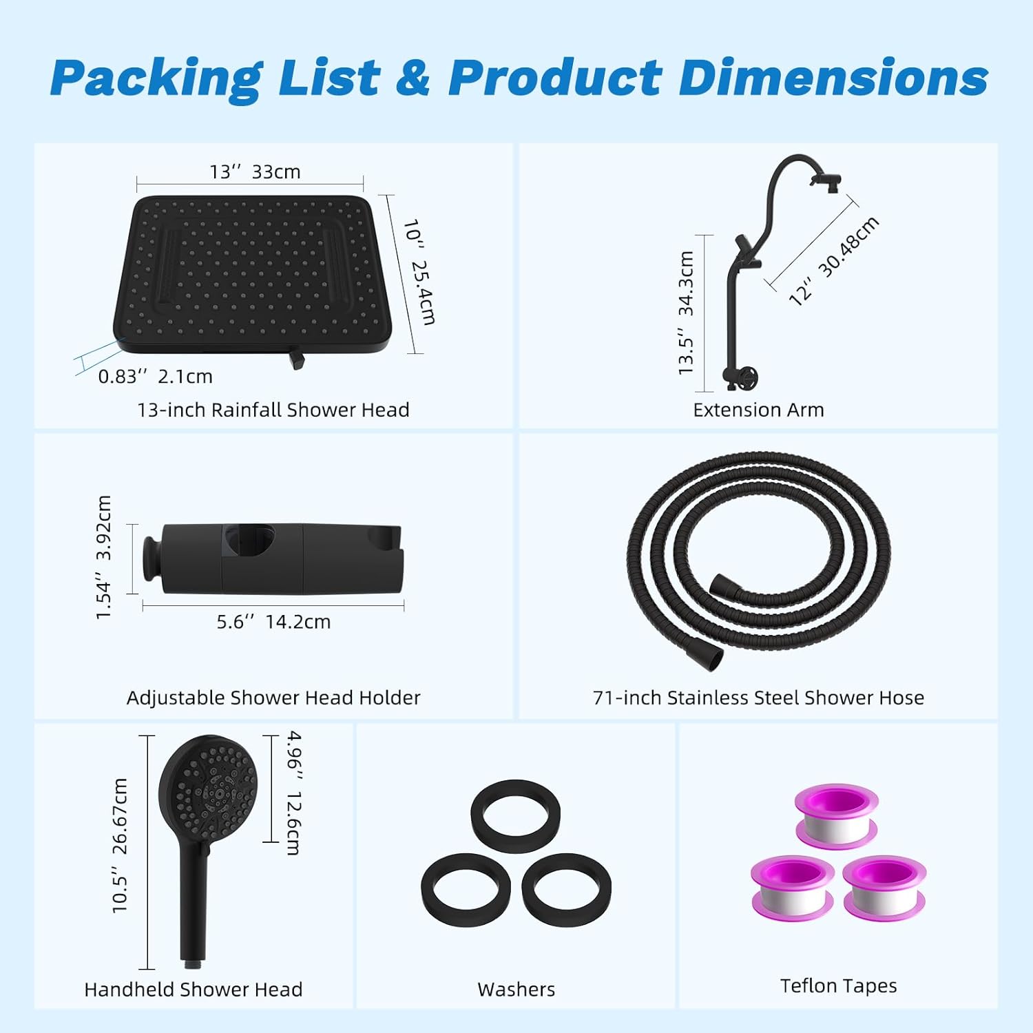 Hibbent Upgraded 13'' Shower Head Combo, High Pressure 5 Spray Rainfall Showerhead, 10 Spray Mode Handheld, All Metal Easy Reach 4-way Diverter Shower Arm with Pause Mode, 71'' Hose and Holder, Black